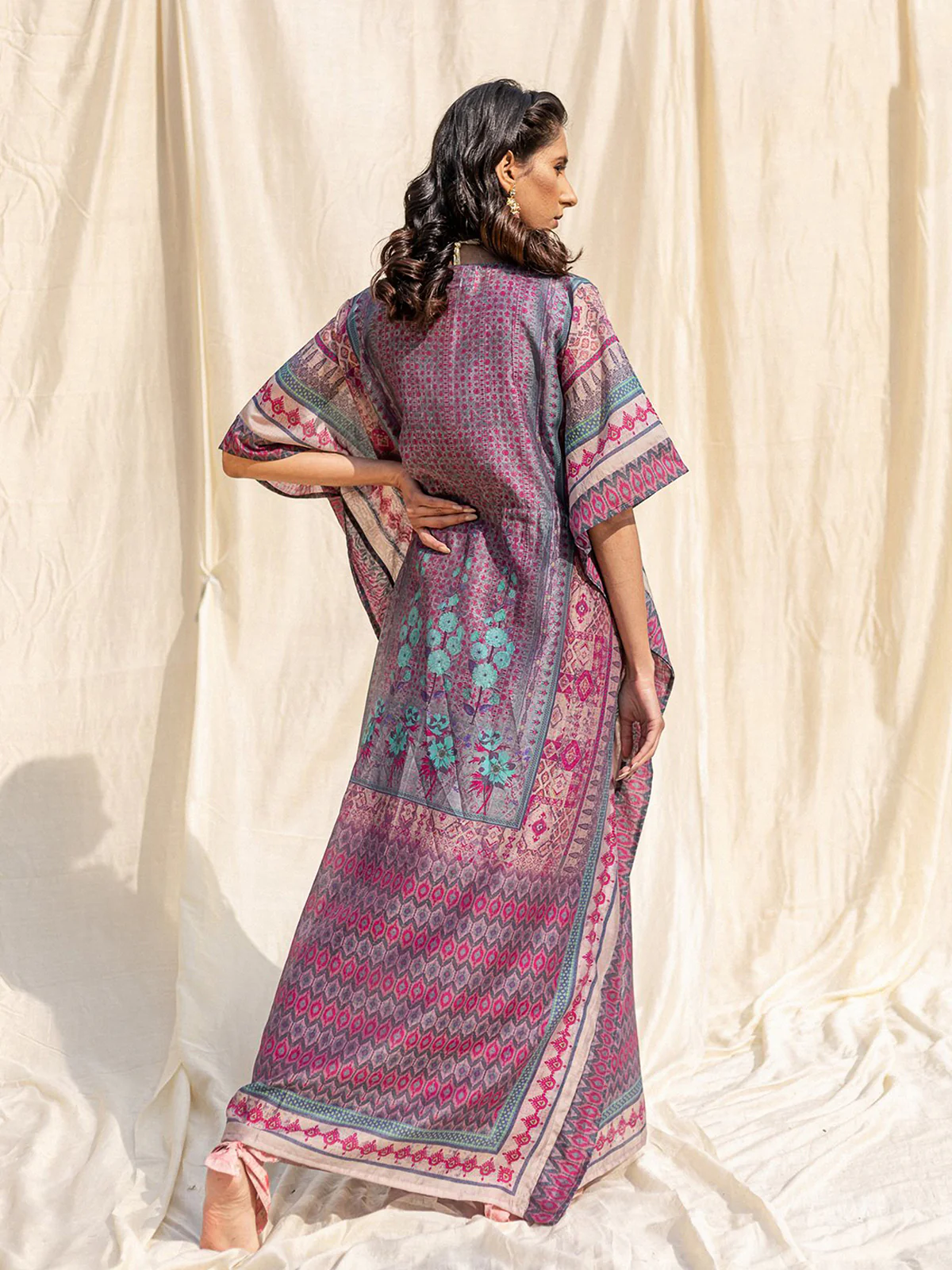 Odette Violet Silk Printed Stitched Indo Western Kaftan For Women - Image 4