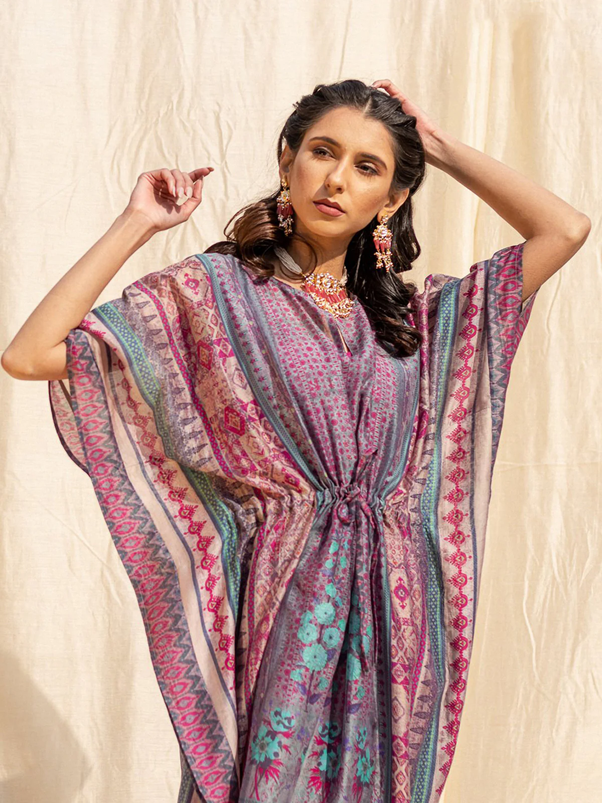 Odette Violet Silk Printed Stitched Indo Western Kaftan For Women - Image 5