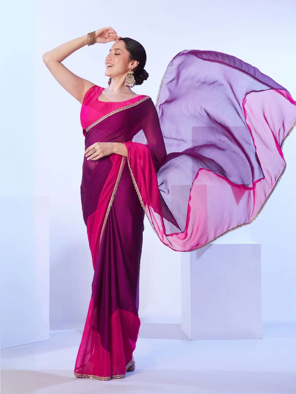 Odette Voilet And Pink Satin Lace Work Saree With Unstitched Blouse For Women - Image 2