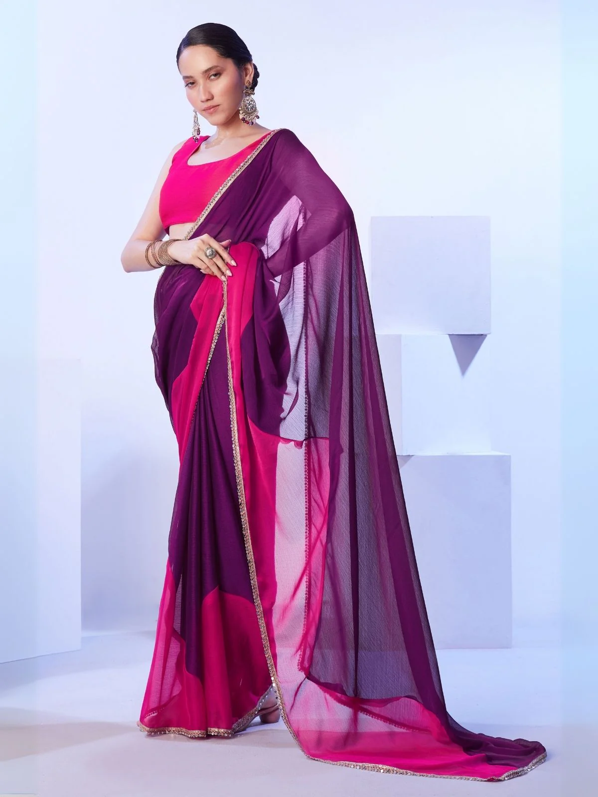 Odette Voilet And Pink Satin Lace Work Saree With Unstitched Blouse For Women - Image 3