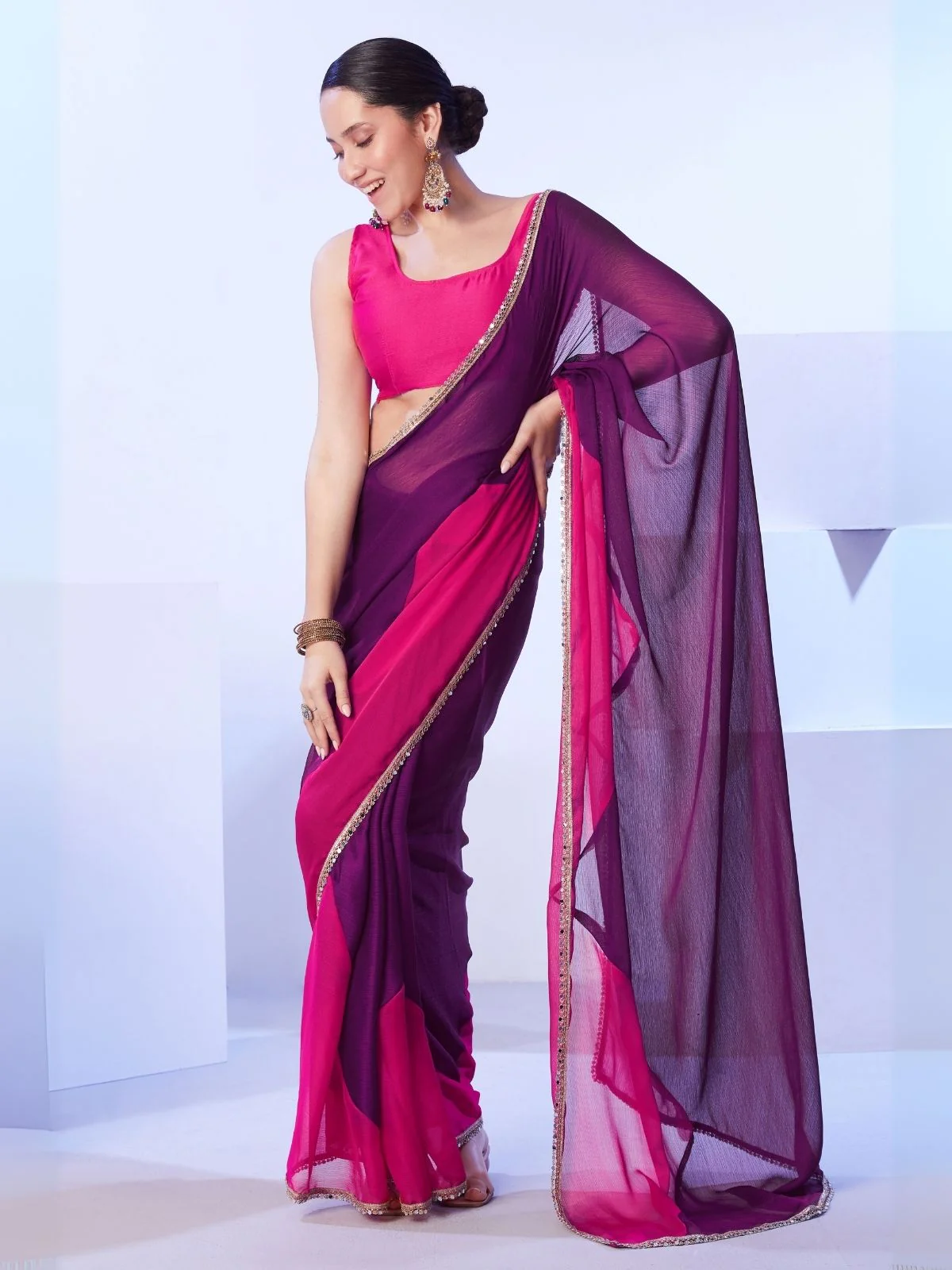 Odette Voilet And Pink Satin Lace Work Saree With Unstitched Blouse For Women - Image 4