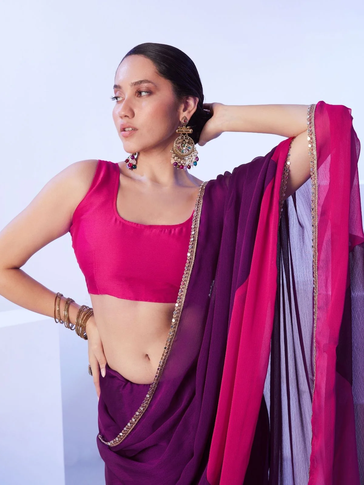 Odette Voilet And Pink Satin Lace Work Saree With Unstitched Blouse For Women - Image 5