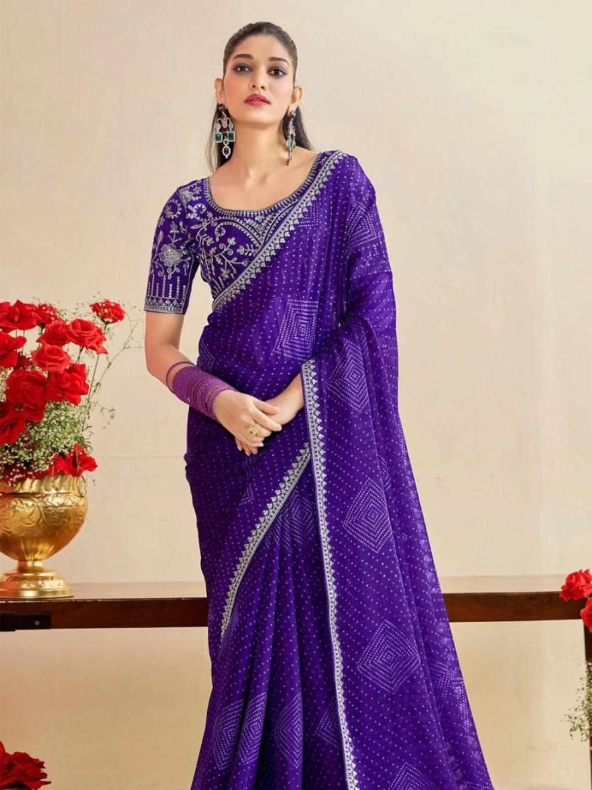 Odette Voilet Chiffon Embellished Saree For Women - Image 2