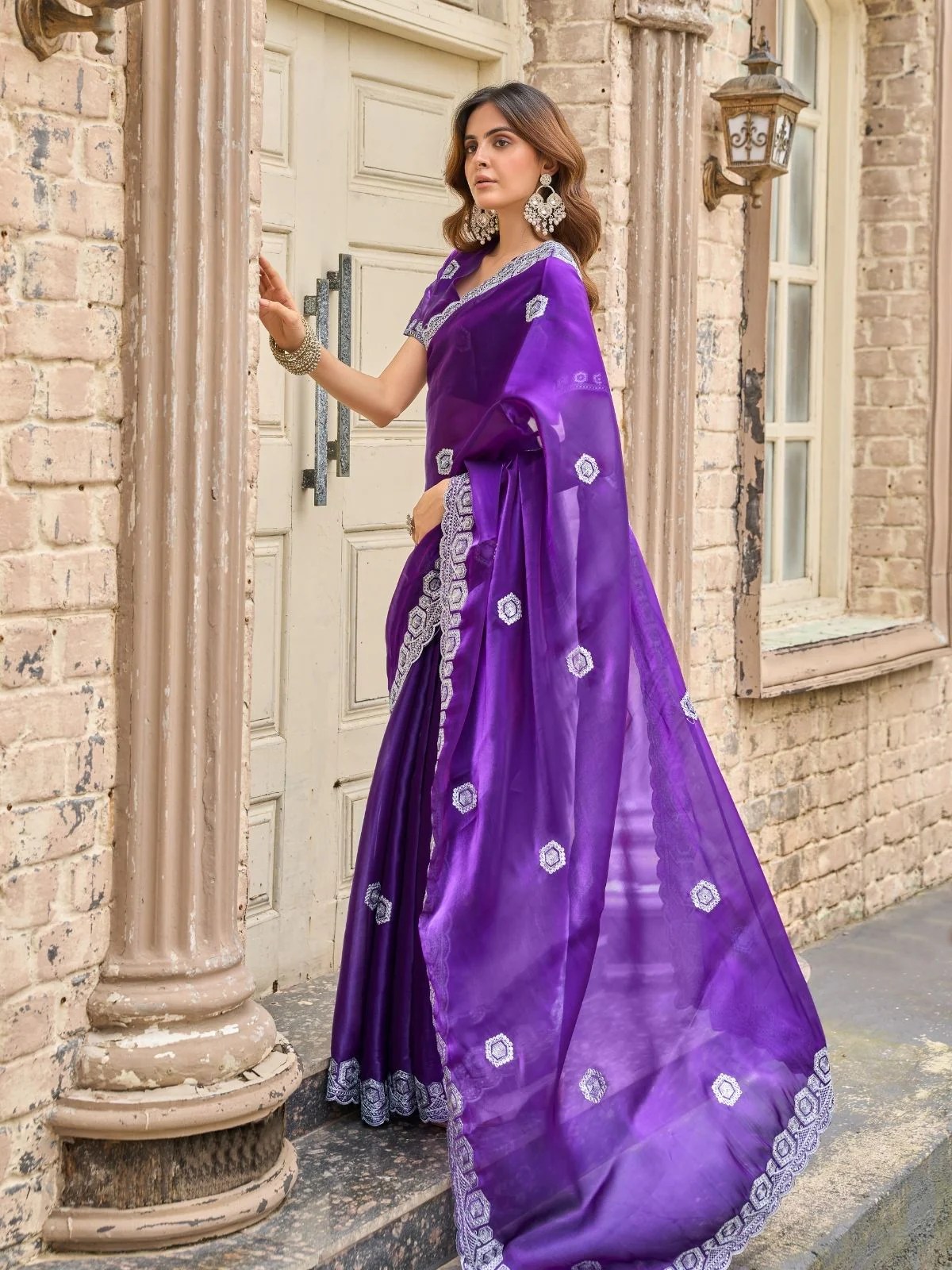 Odette Voilet Chiffon Embellished Saree For Women - Image 2