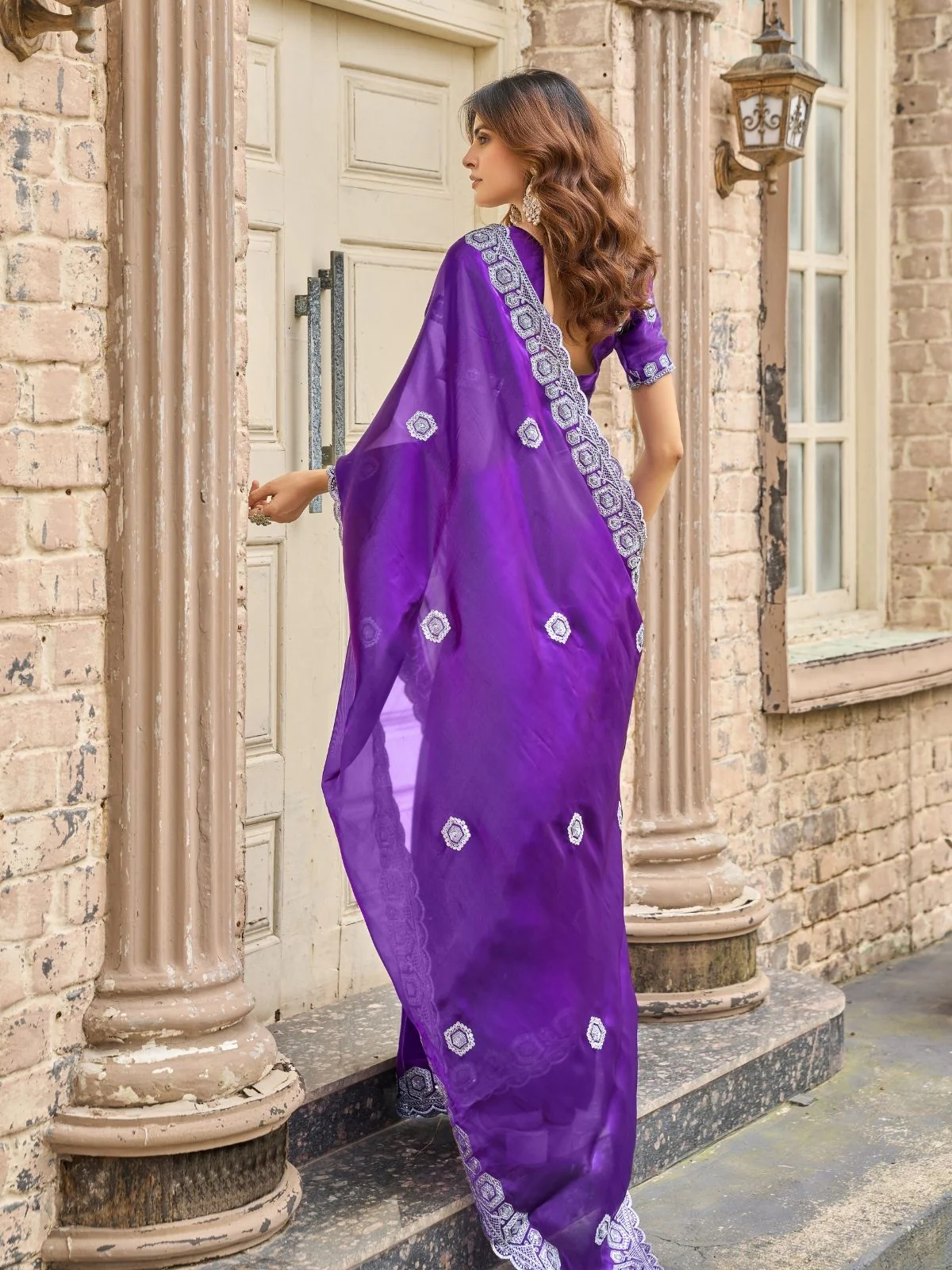 Odette Voilet Chiffon Embellished Saree For Women - Image 4