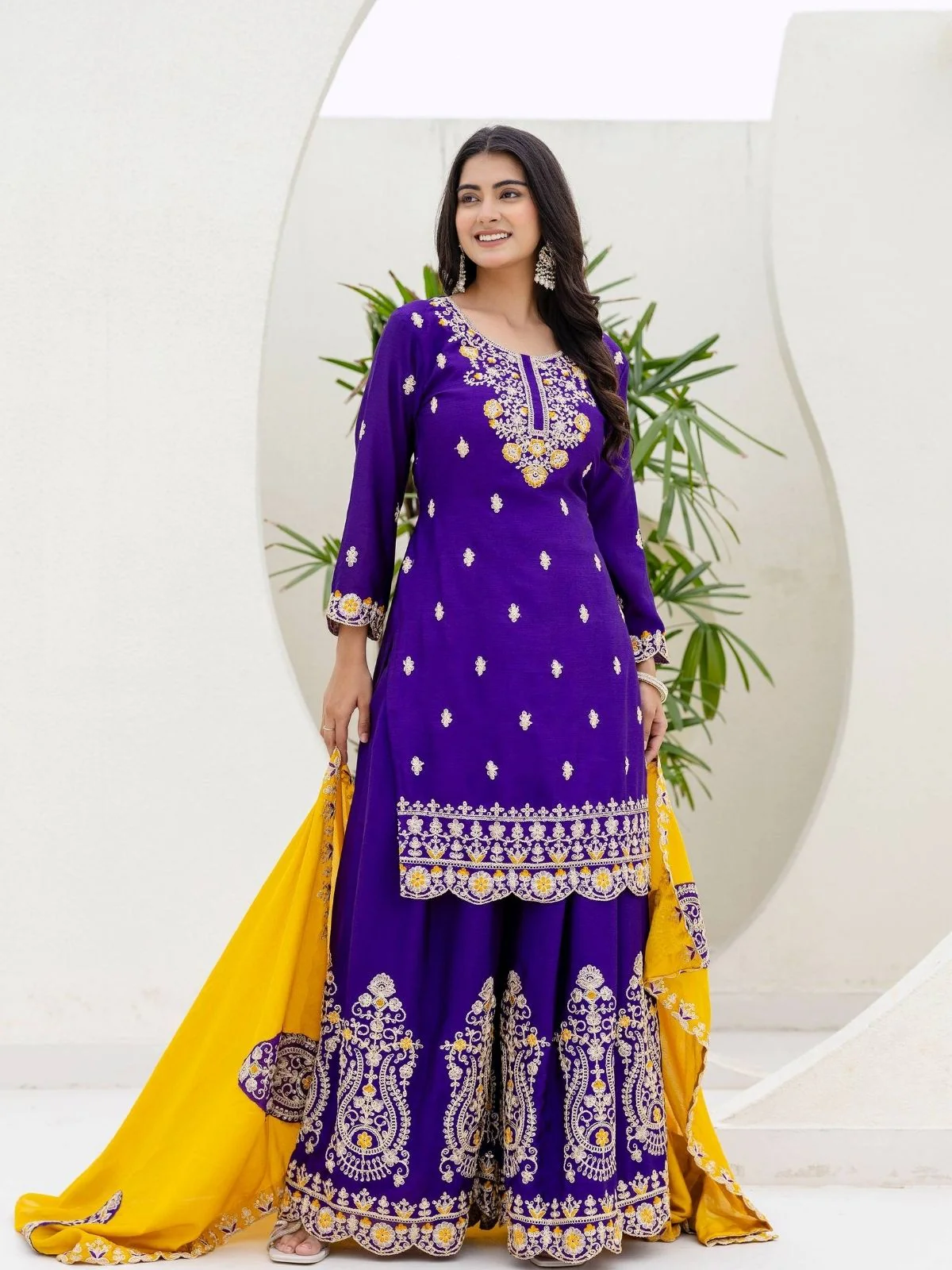 Odette Voilet Chiffon Embroidered Stitched Kurta Set For Women - Image 2