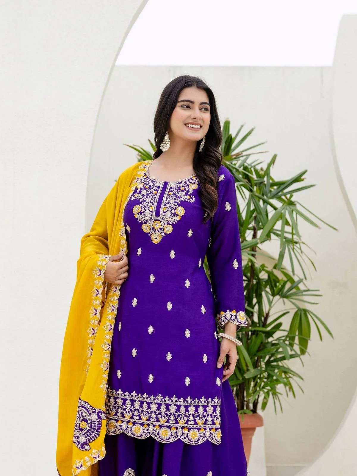 Odette Voilet Chiffon Embroidered Stitched Kurta Set For Women - Image 3