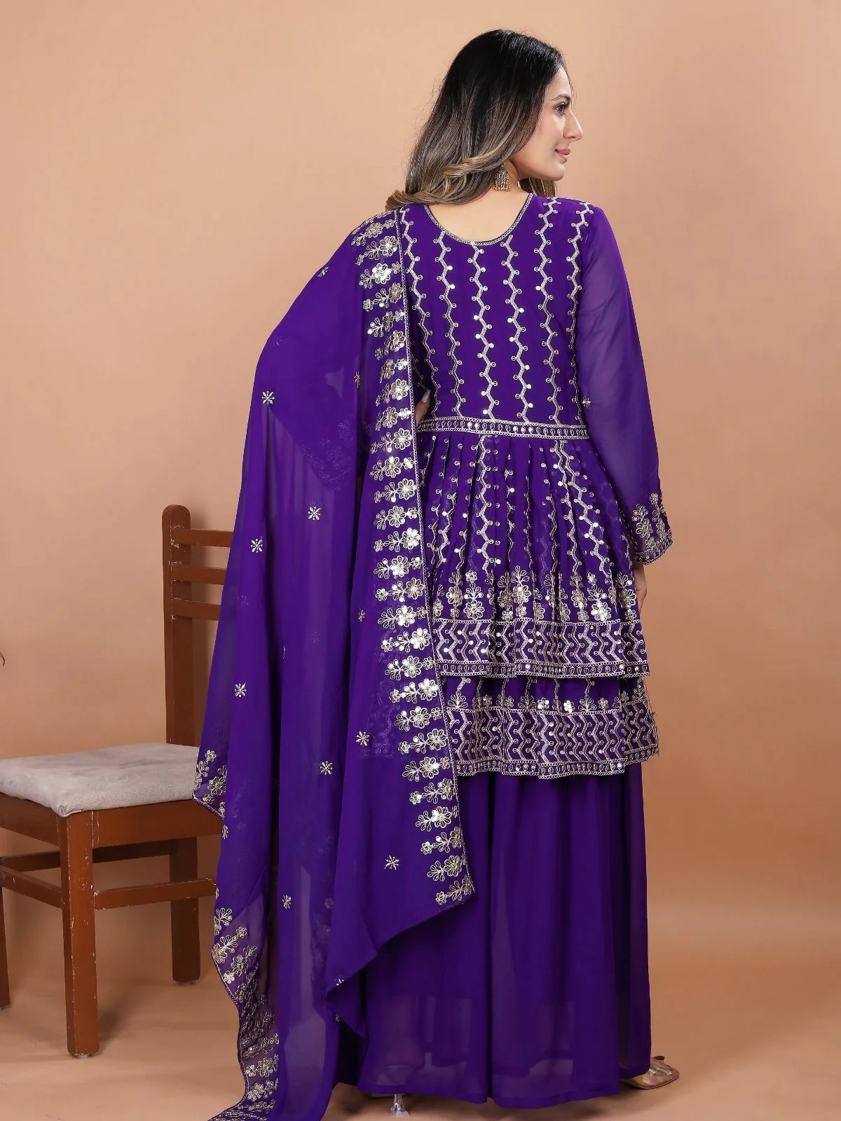 Odette Voilet Georgette Embellished Stitched Kurta Set For Women - Image 2