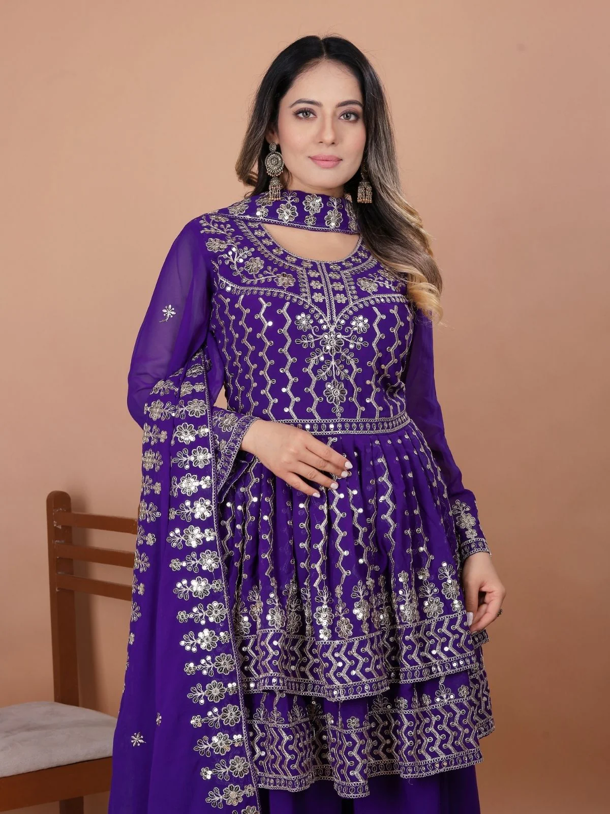 Odette Voilet Georgette Embellished Stitched Kurta Set For Women - Image 3