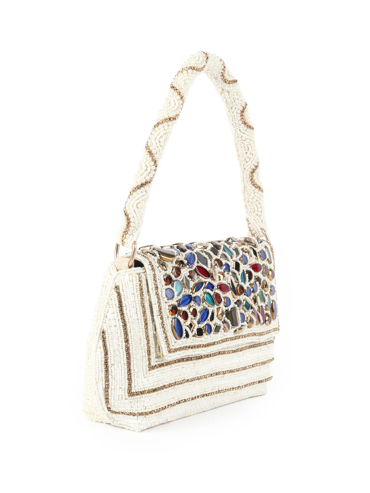 Odette White All Pearls Clutch With Multicolored Stones For Women - Image 4