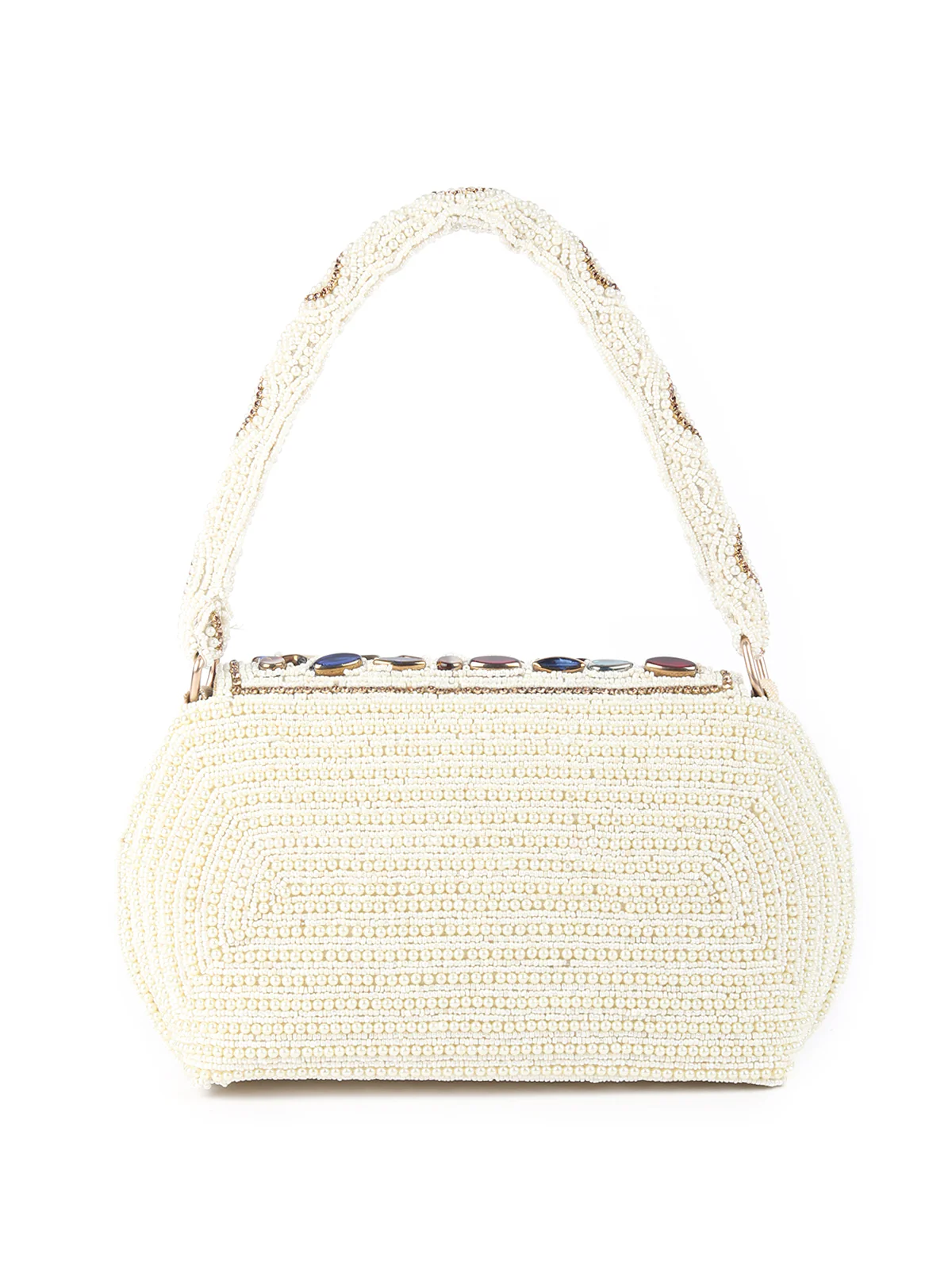 Odette White All Pearls Clutch With Multicolored Stones For Women - Image 5