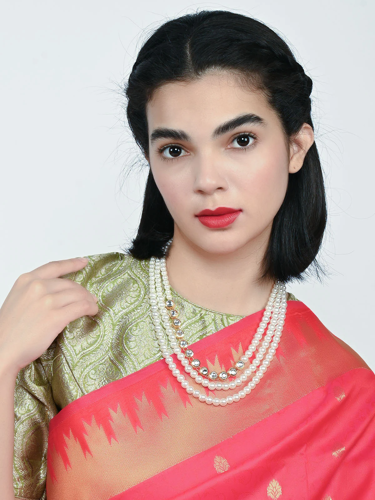 Odette White Alloy Beaded Pearl Kundan Neckpiece For Women - Image 2