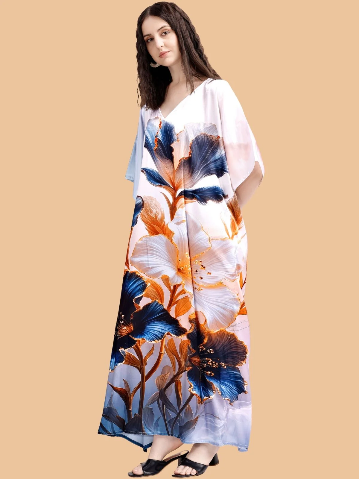 Odette White And Blue Satin Printed Kaftan For Women - Image 2