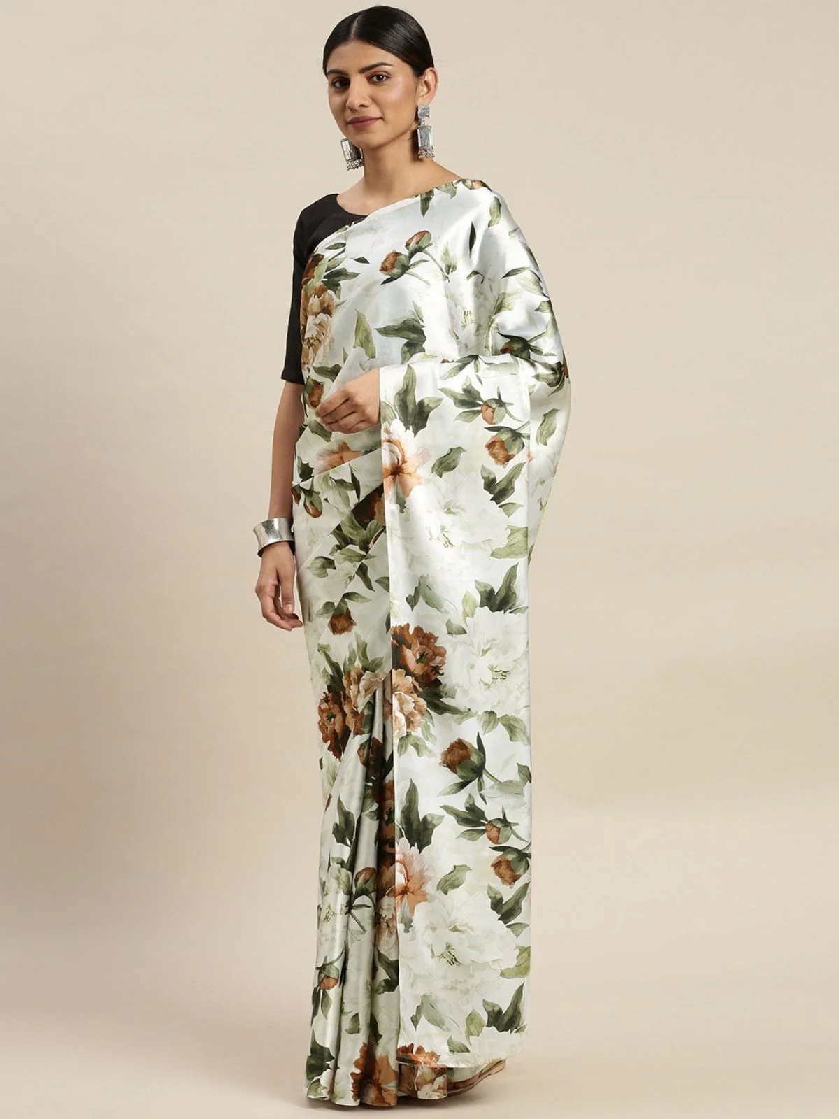 Odette White And Brown Satin Printed Saree With Unstitched Blouse For Women - Image 2