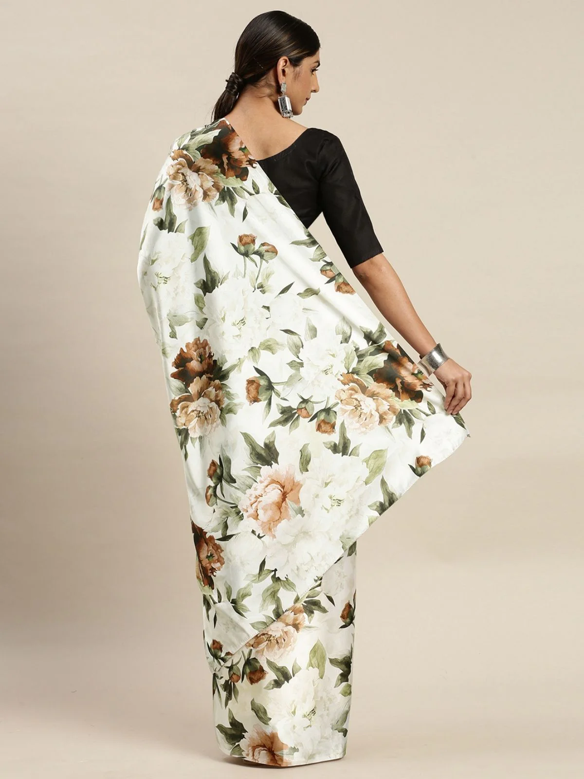 Odette White And Brown Satin Printed Saree With Unstitched Blouse For Women - Image 3