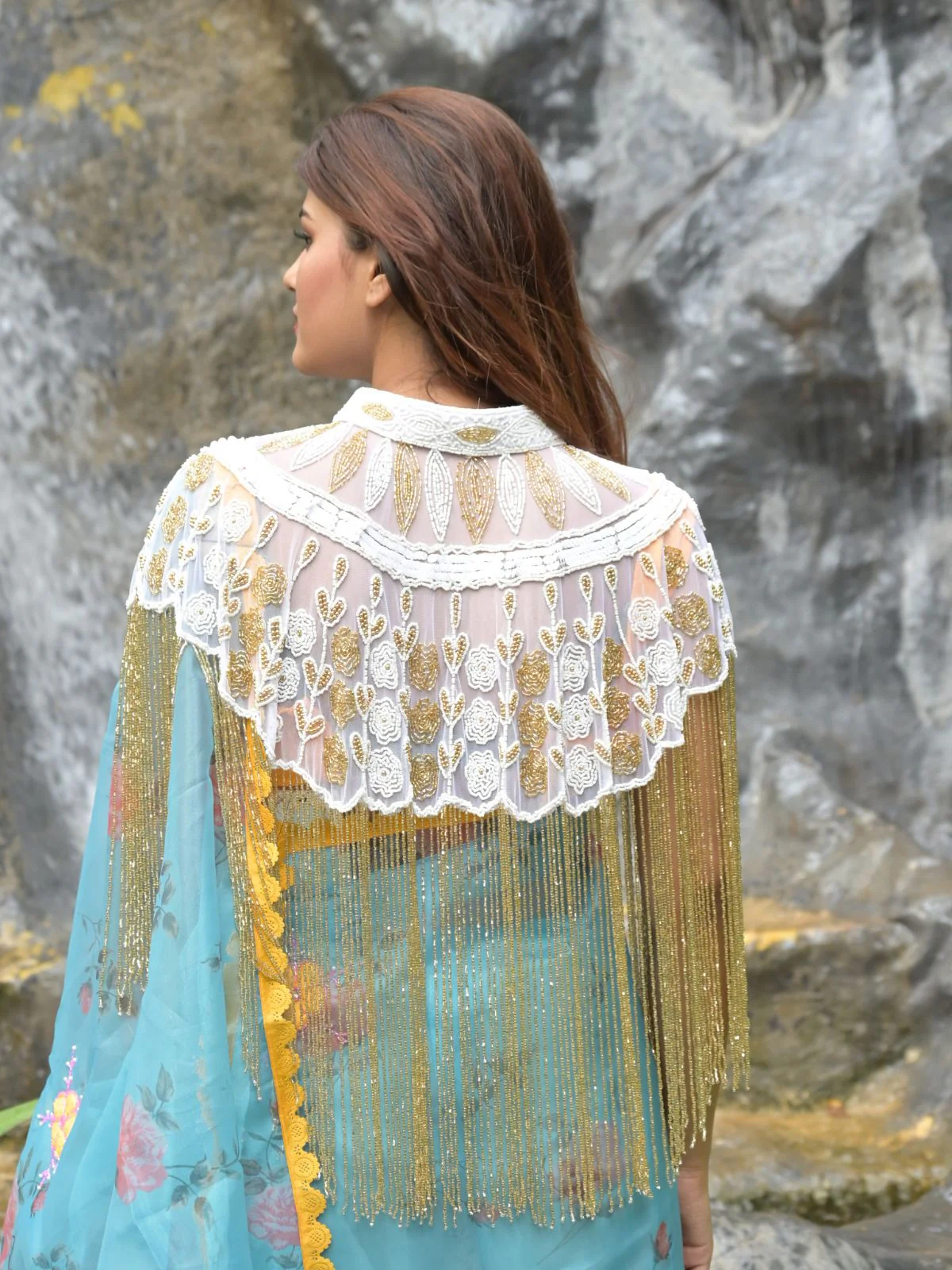 Odette White and Gold Beads Embellished Tassels Cape for Women - Image 3