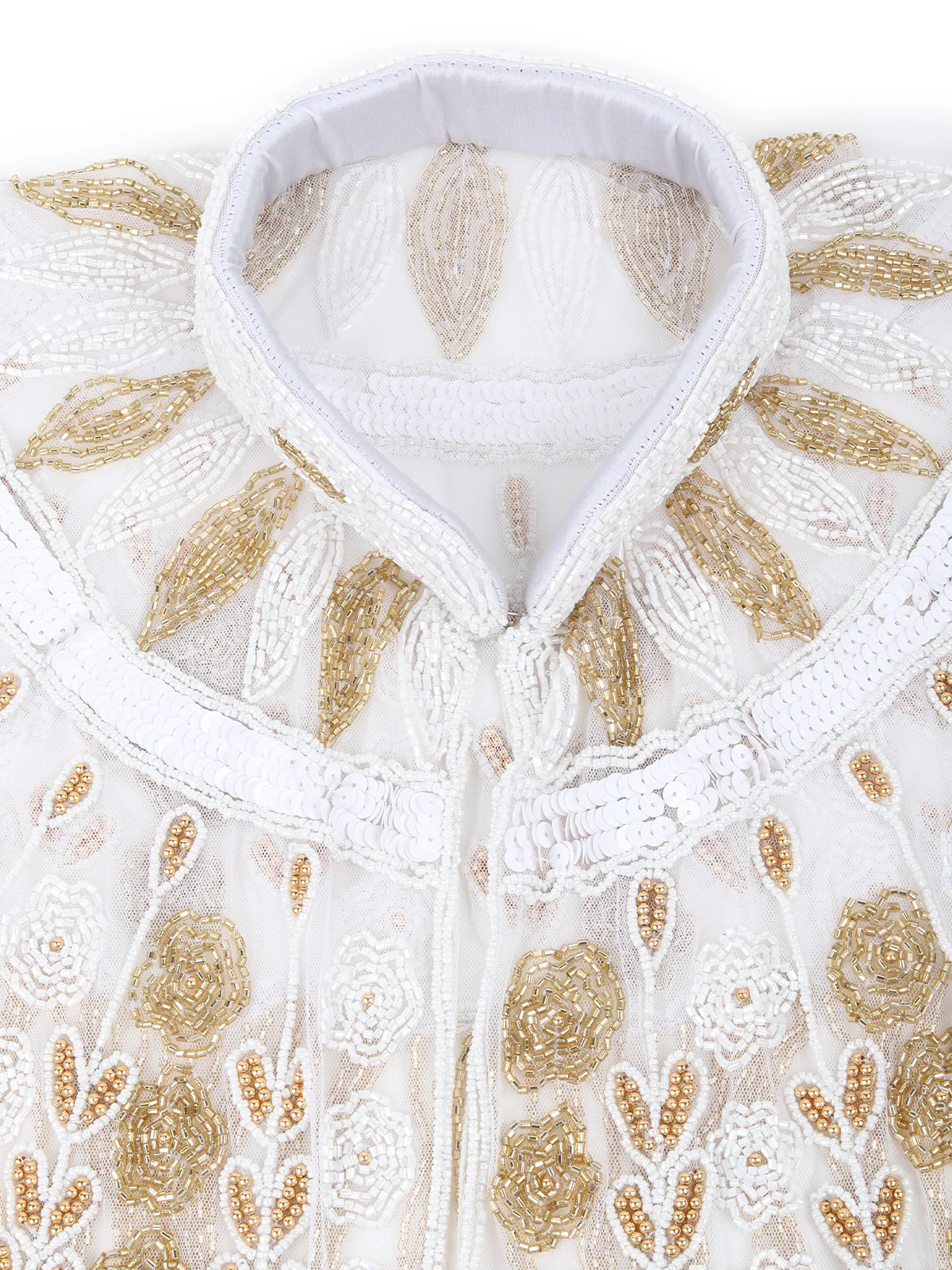 Odette White and Gold Beads Embellished Tassels Cape for Women - Image 4