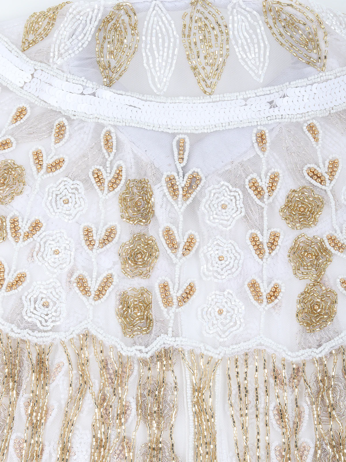Odette White and Gold Beads Embellished Tassels Cape for Women - Image 6