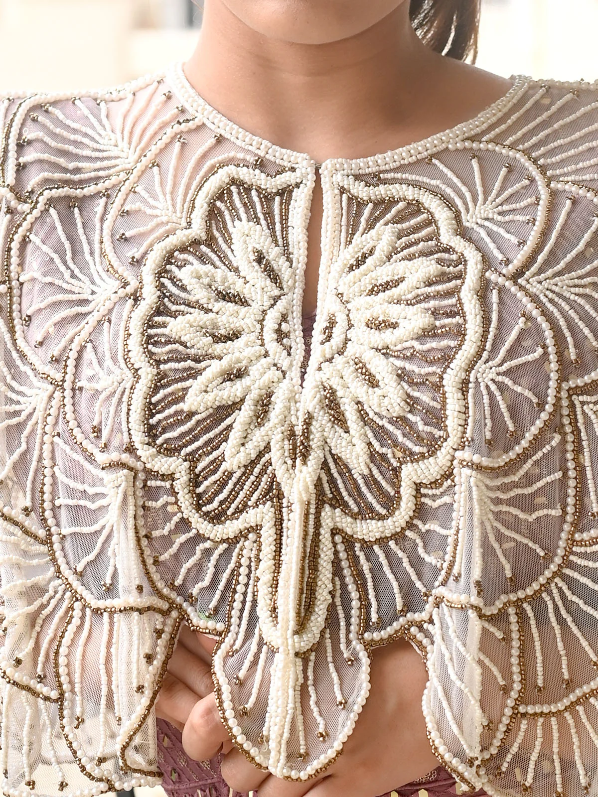 Odette White and Gold Sequins And Beads Net Cape for Women - Image 4