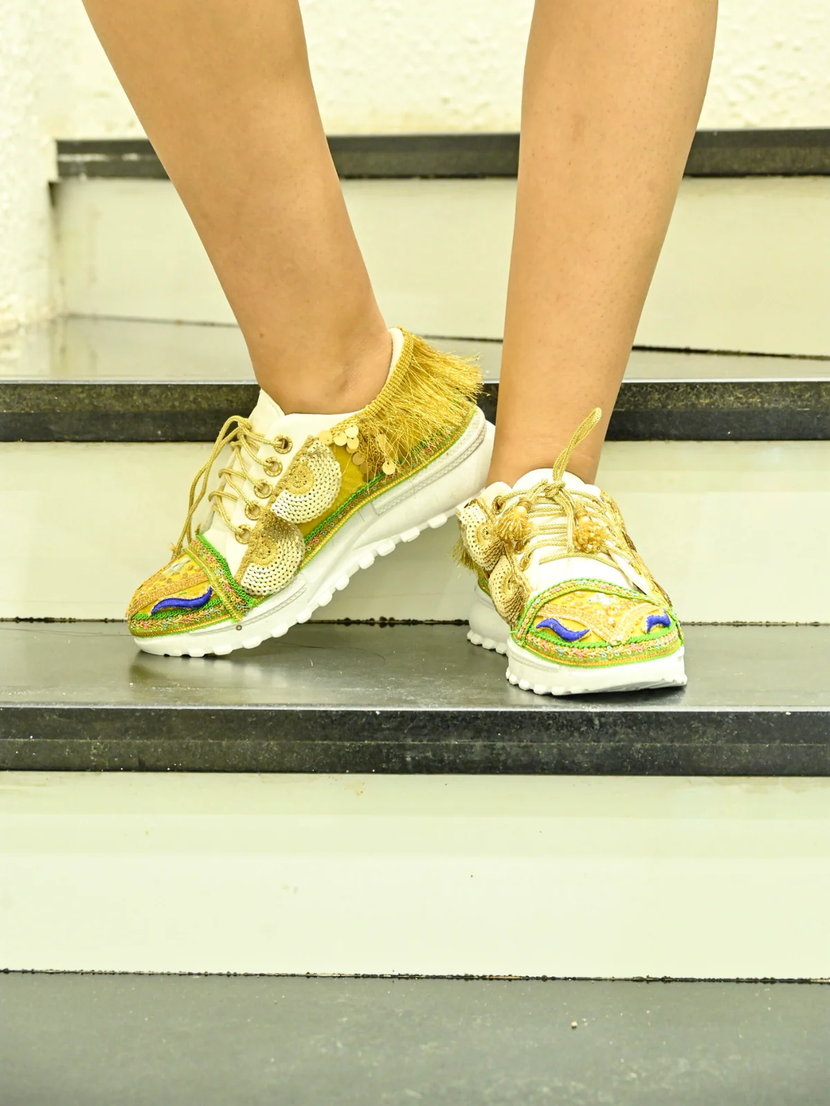 Odette White & Golden Lace Work Shoes For Women - Image 7