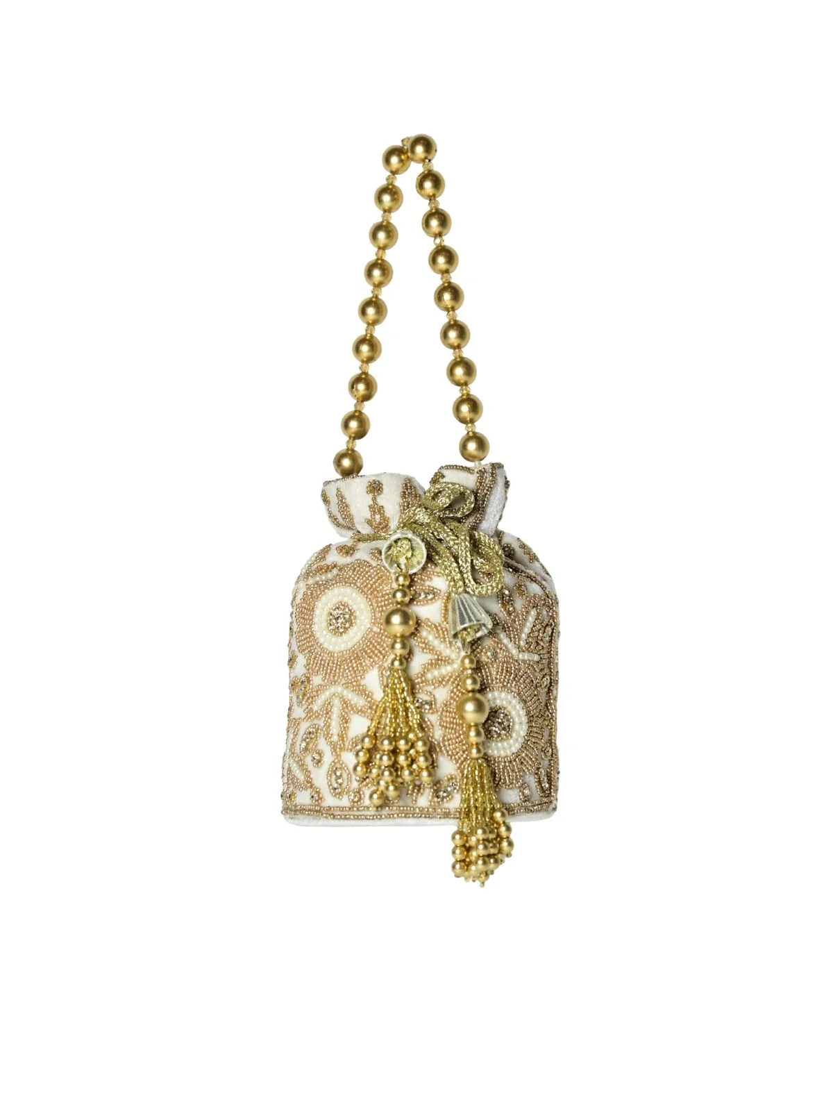 Odette White And Golden Suede Embellished Potli For Women - Image 3