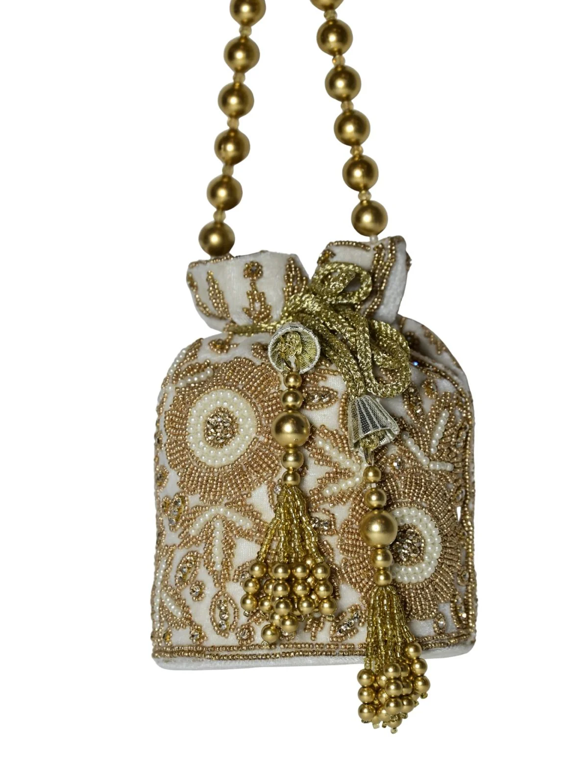 Odette White And Golden Suede Embellished Potli For Women - Image 4