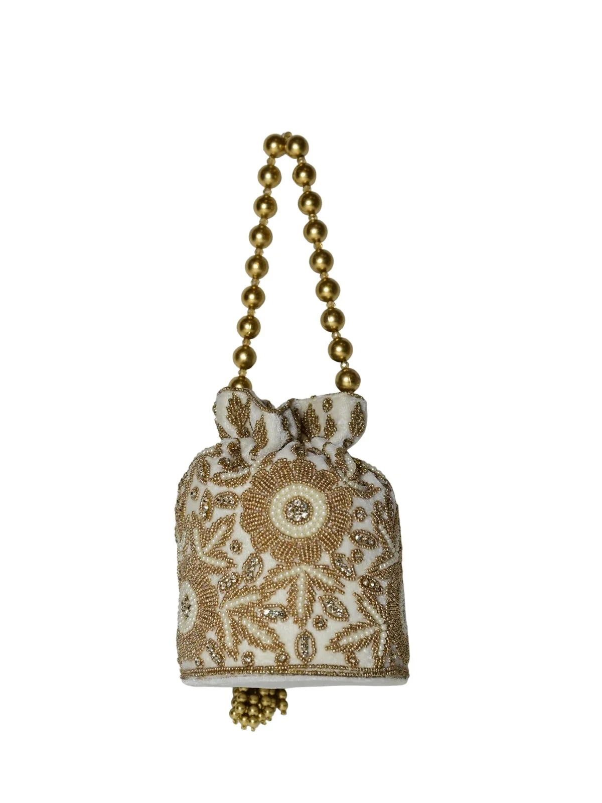 Odette White And Golden Suede Embellished Potli For Women - Image 6