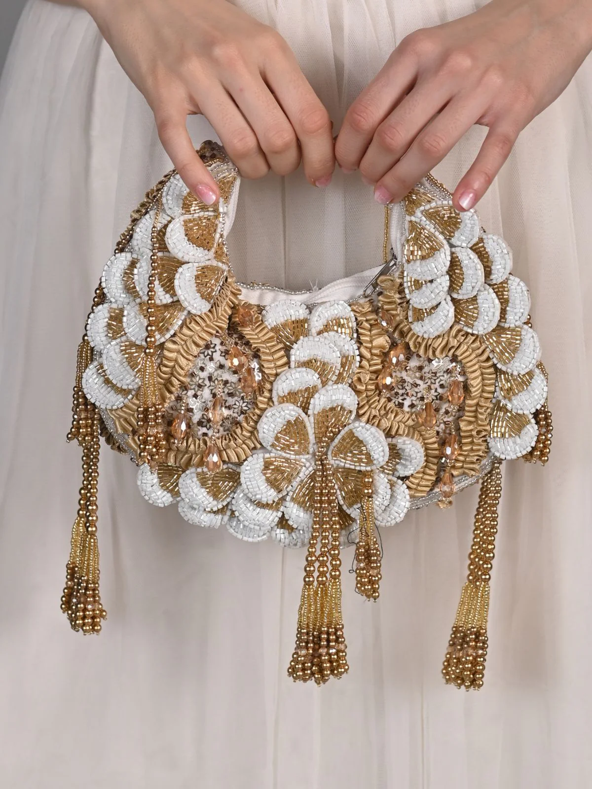 Odette White and Golden Tasseled Moon Clutch For Women - Image 2