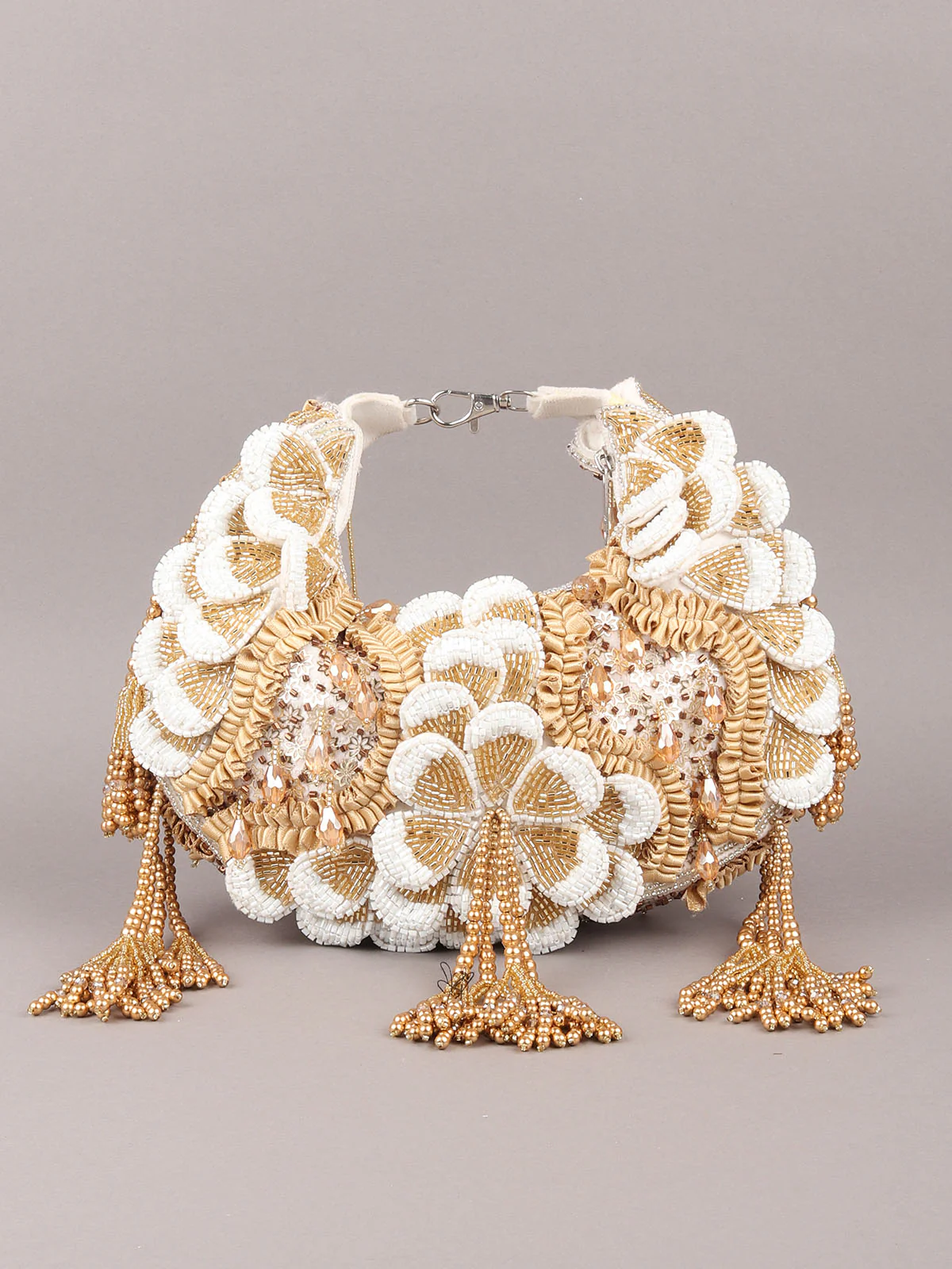 Odette White and Golden Tasseled Moon Clutch For Women - Image 3