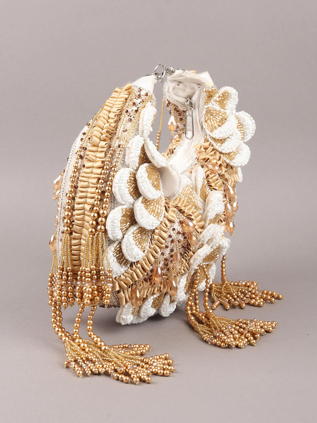 Odette White and Golden Tasseled Moon Clutch For Women - Image 4