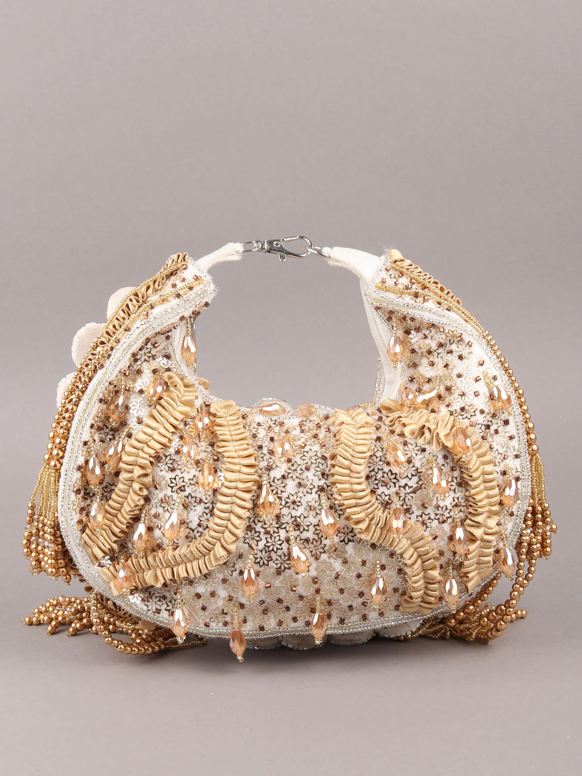 Odette White and Golden Tasseled Moon Clutch For Women - Image 5