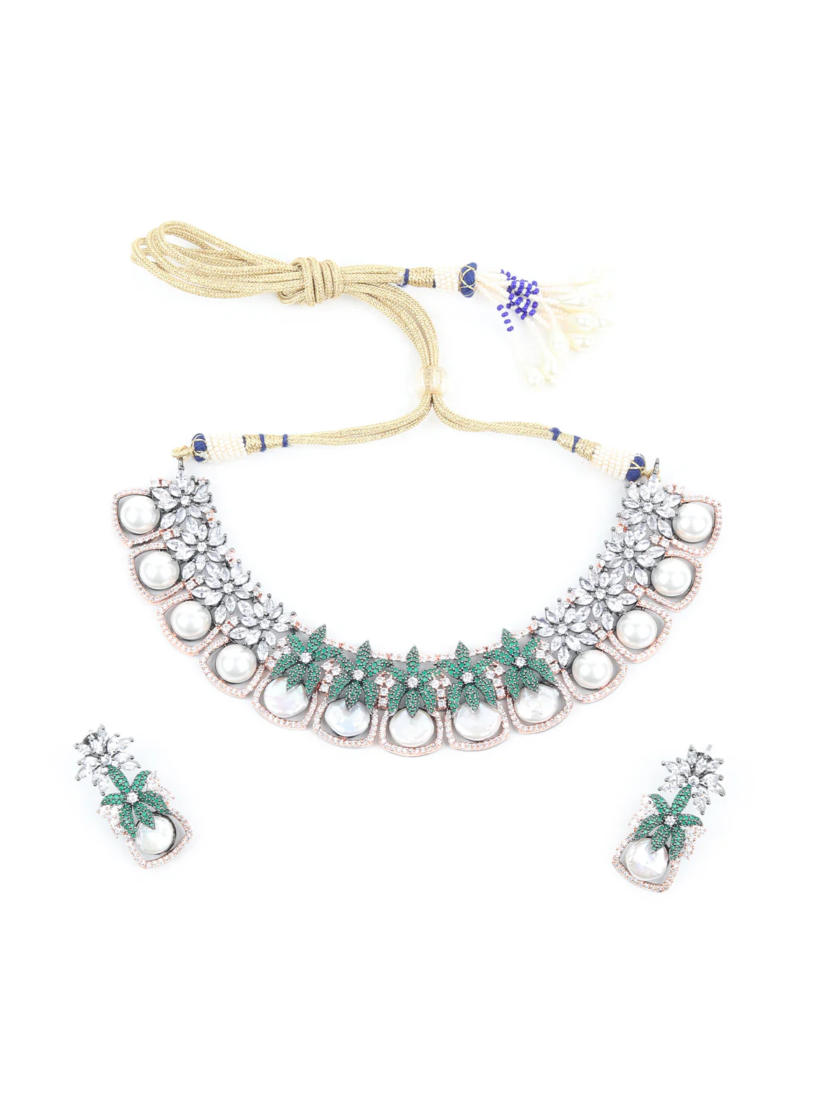 Odette White and Green Gemstone Embellished Necklace Set for Women - Image 4