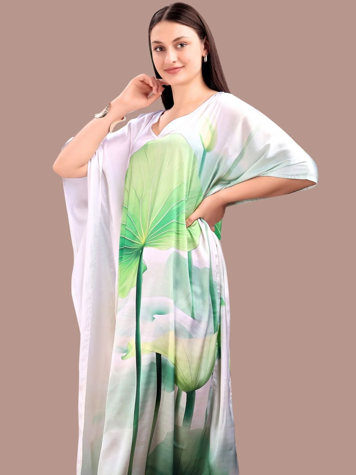 Odette White And Green Satin Printed Kaftan For Women - Image 4
