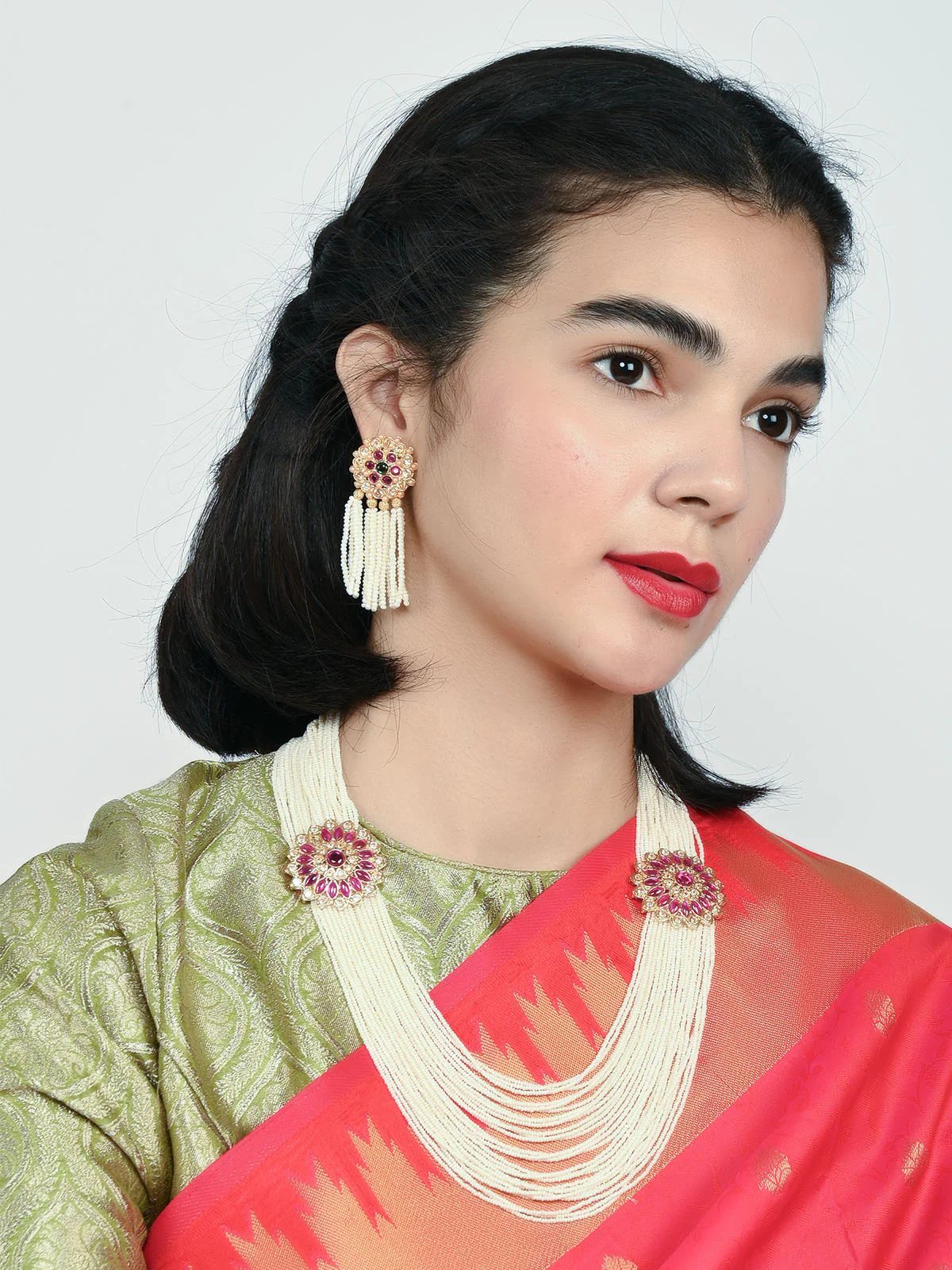 Odette White And Pink Alloy Beaded Pearl Jewellery Set For Women