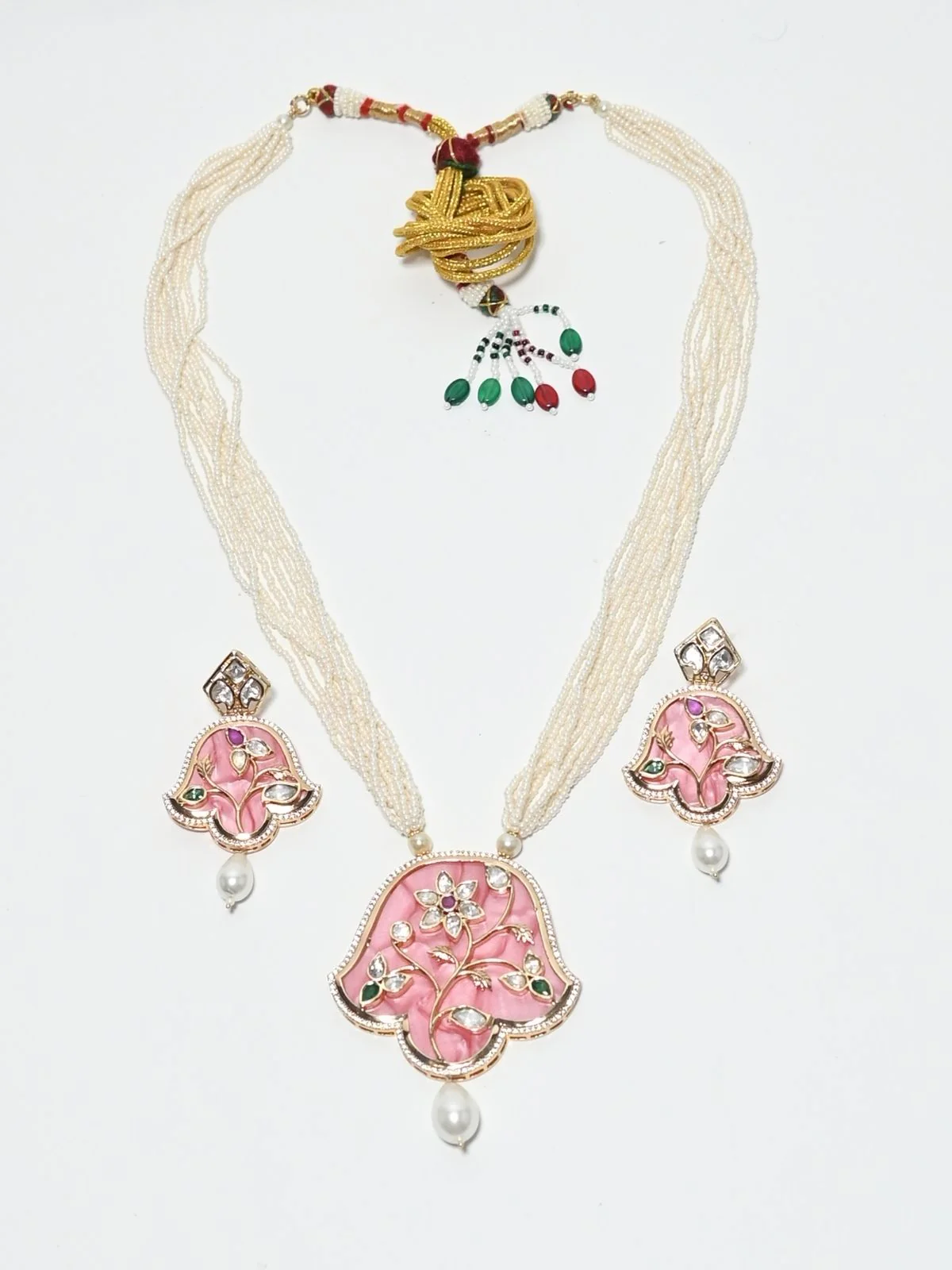Odette White And Pink Alloy Beaded Pearl Jewellery Set For Women - Image 3