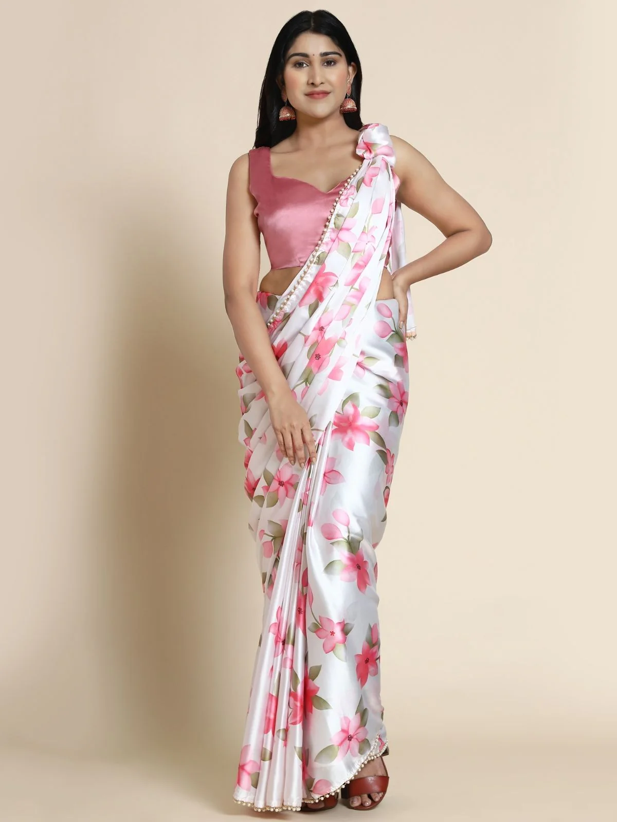 Odette White And Pink Satin Printed Saree With Unstitched Blouse For Women - Image 3