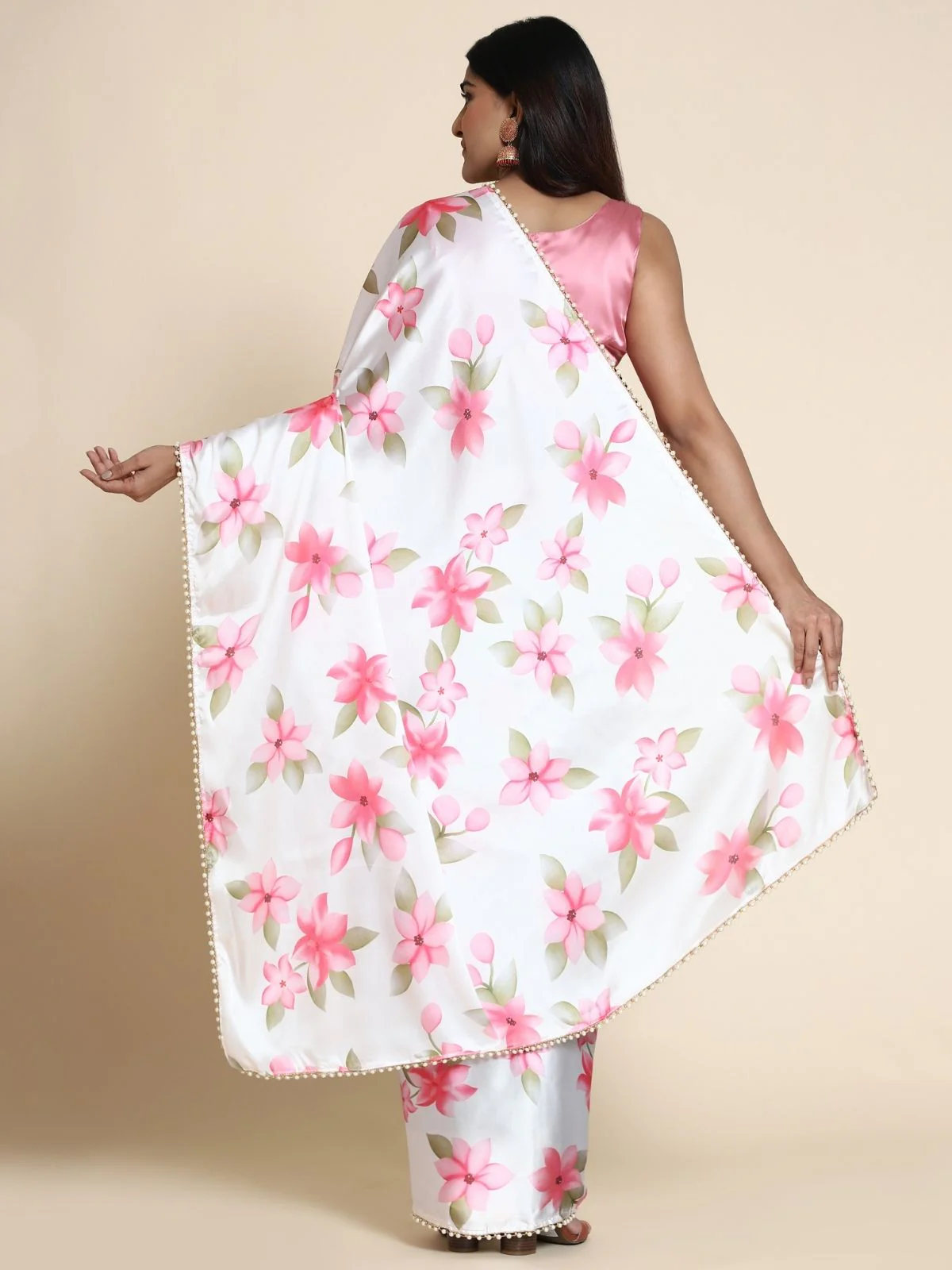 Odette White And Pink Satin Printed Saree With Unstitched Blouse For Women - Image 5