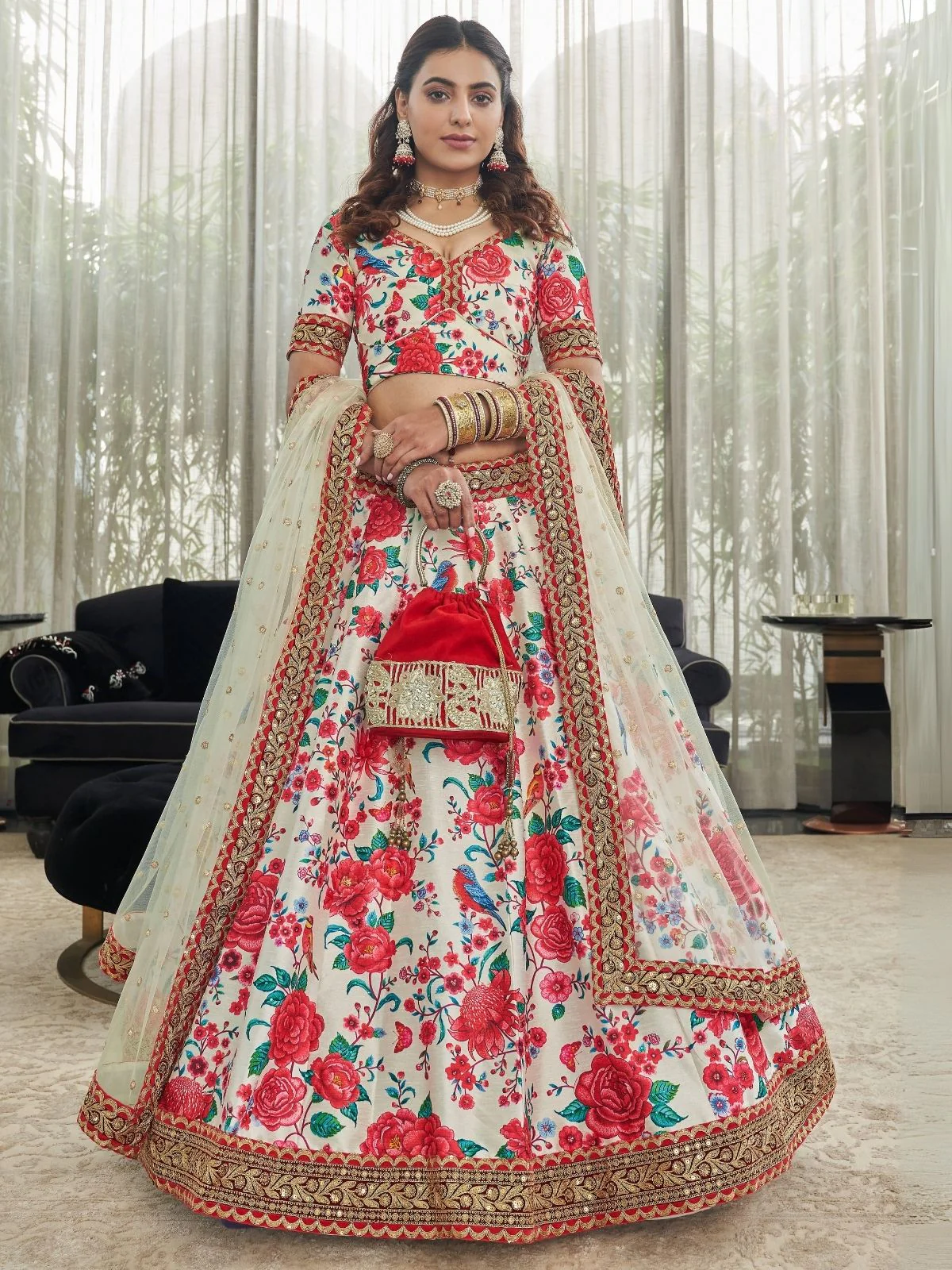 Odette White And Red Art Silk Printed Semi Stitched Lehenga With Unstitched Blouse For Women - Image 2