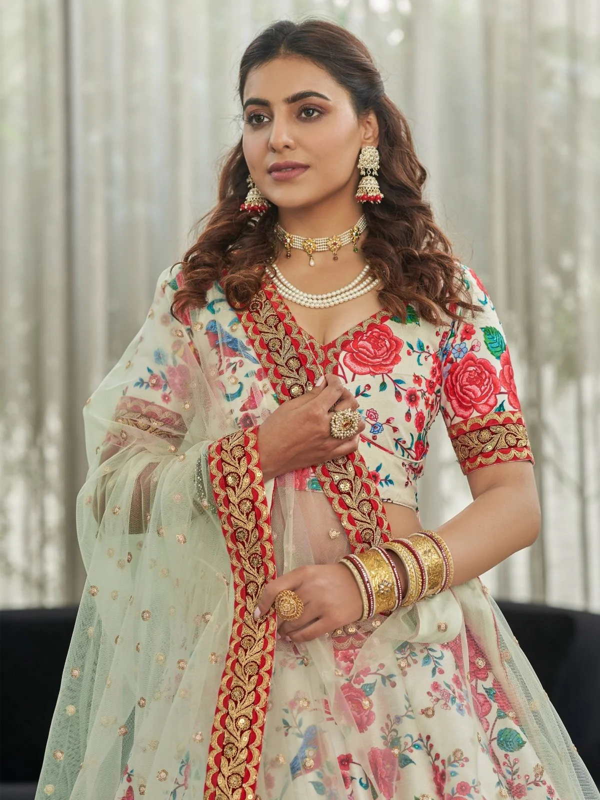 Odette White And Red Art Silk Printed Semi Stitched Lehenga With Unstitched Blouse For Women - Image 4