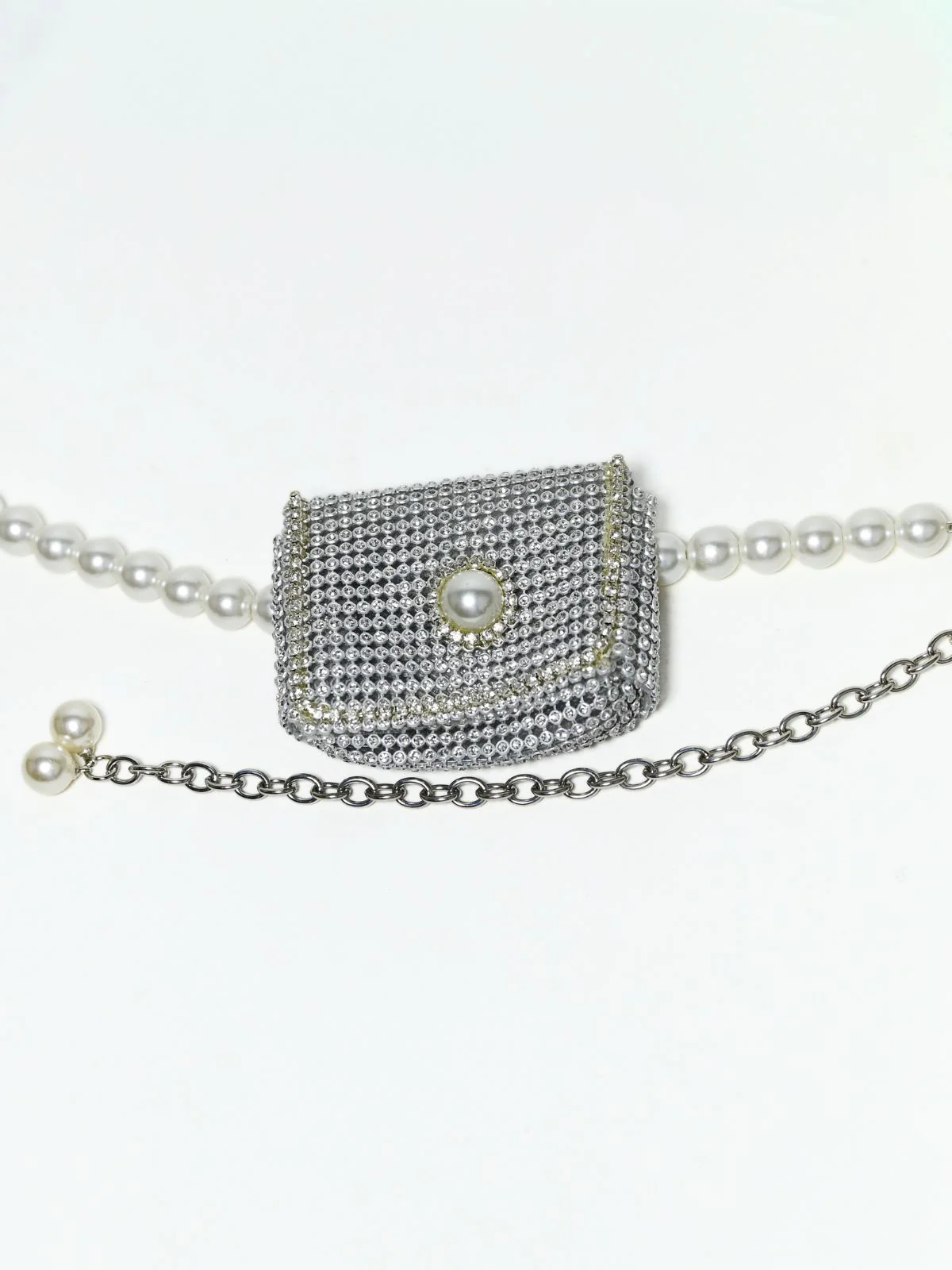 Odette White And Silver Alloy Pearl And Stone Belt Bag For Women - Image 3