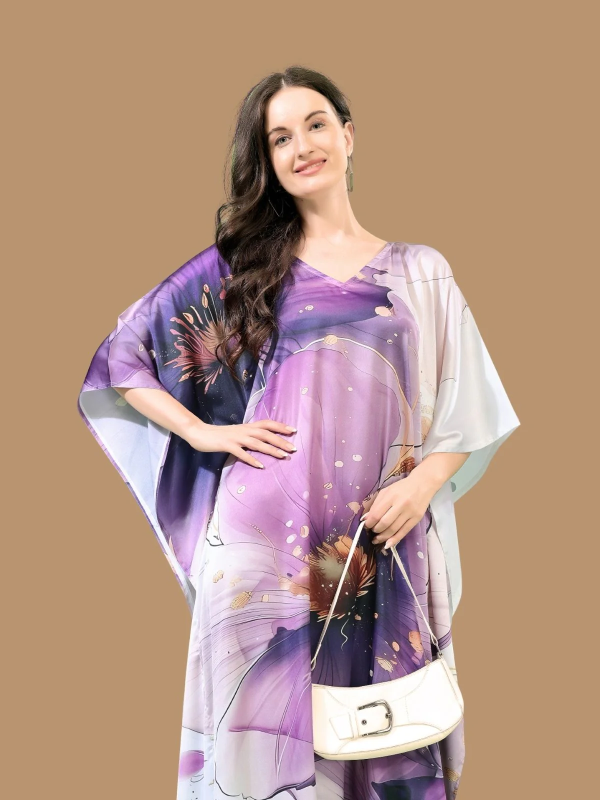 Odette White And Violet Satin Printed Kaftan For Women - Image 4