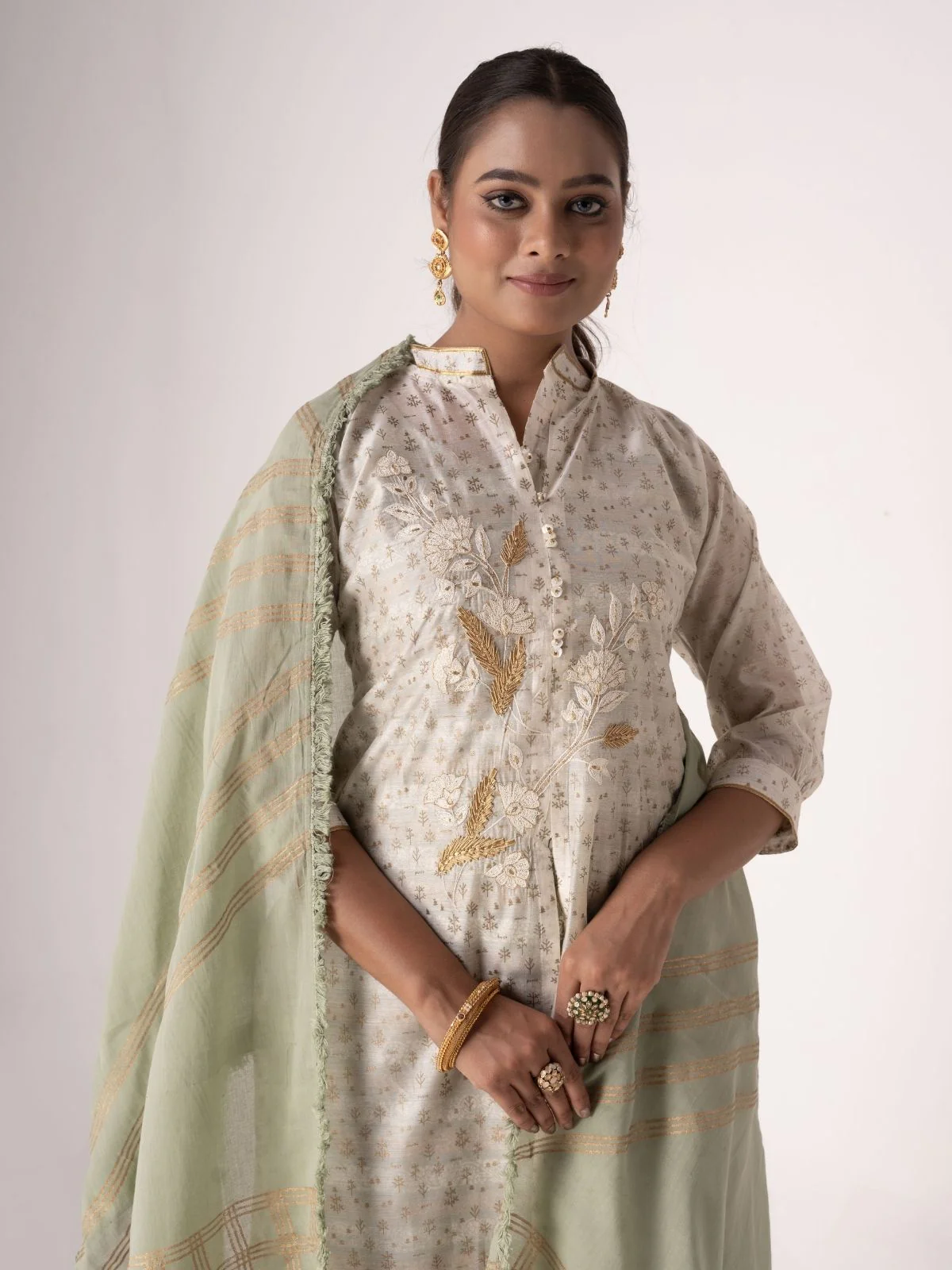 Odette White Art Silk Designer Embroidered Semi-Stitched Kurta Set For Women - Image 4