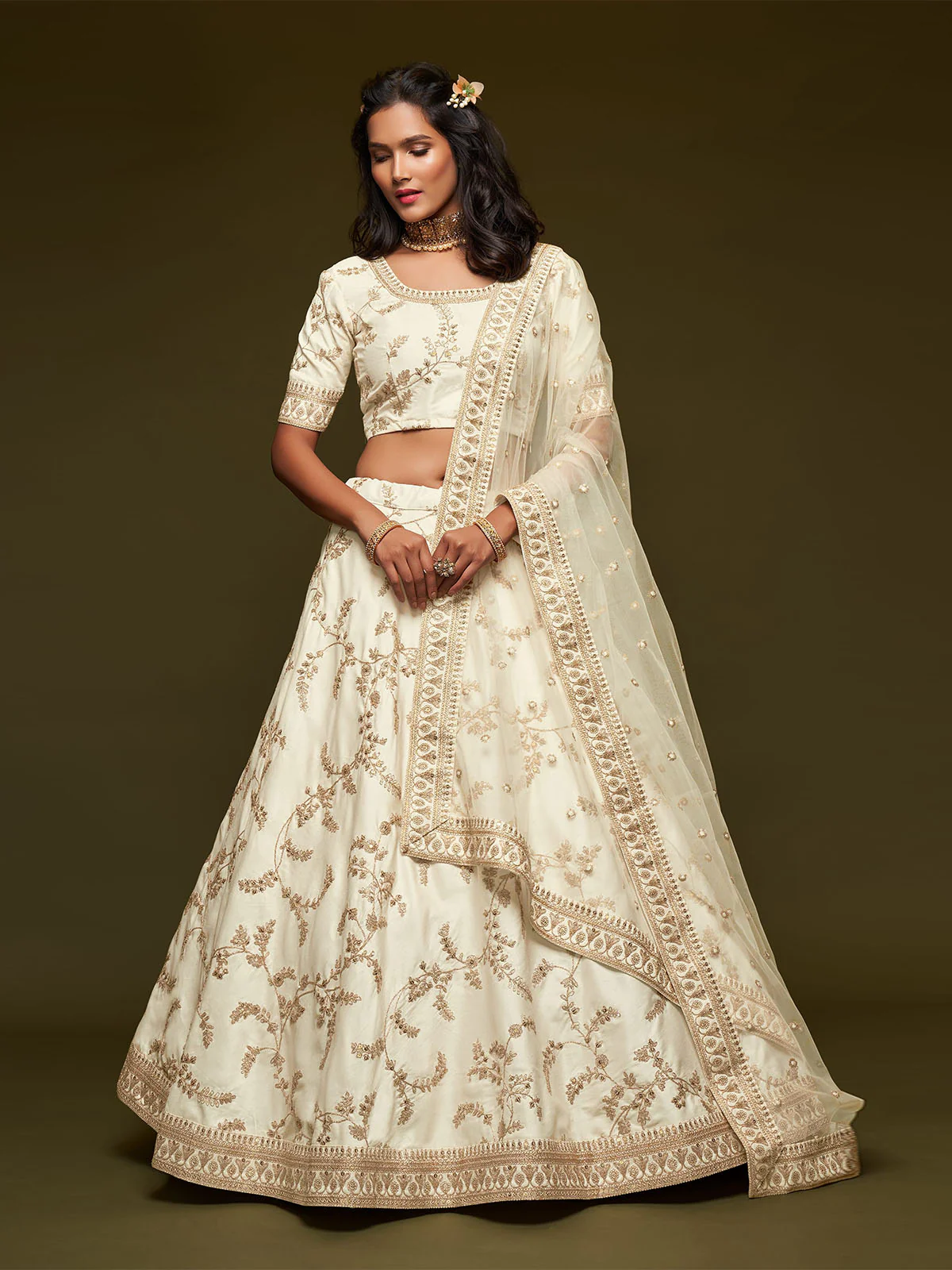 Odette White Art Silk Embroidered Semi Stitched Lehenga With Unstitched Blouse For Women