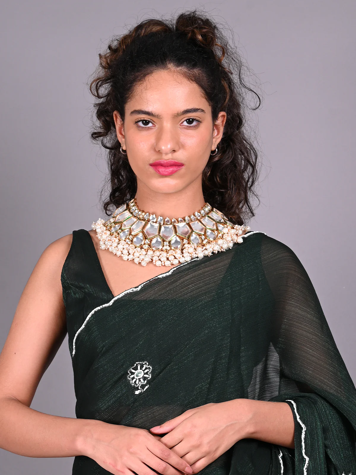 Odette White Beads And Kundan Embellished Choker Set For Women - Image 2