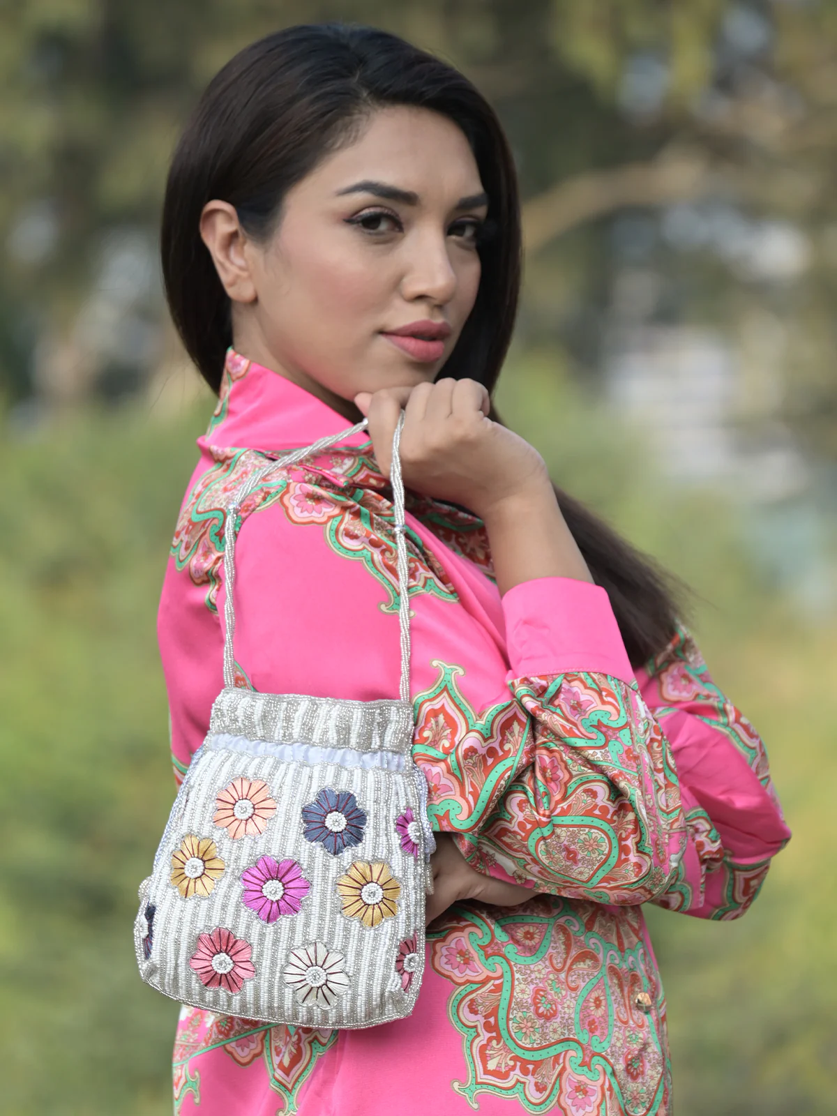 Odette White Beads and Multicolor Floral Embroidered Potli for Women