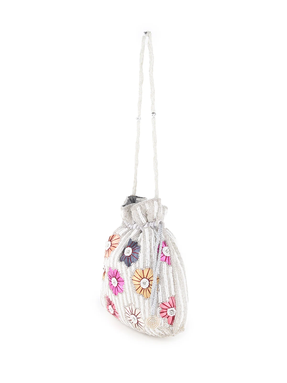 Odette White Beads and Multicolor Floral Embroidered Potli for Women - Image 4