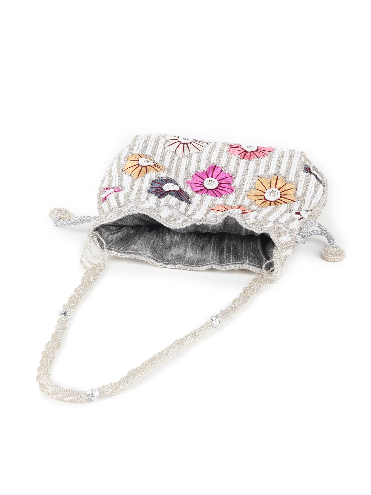 Odette White Beads and Multicolor Floral Embroidered Potli for Women - Image 6