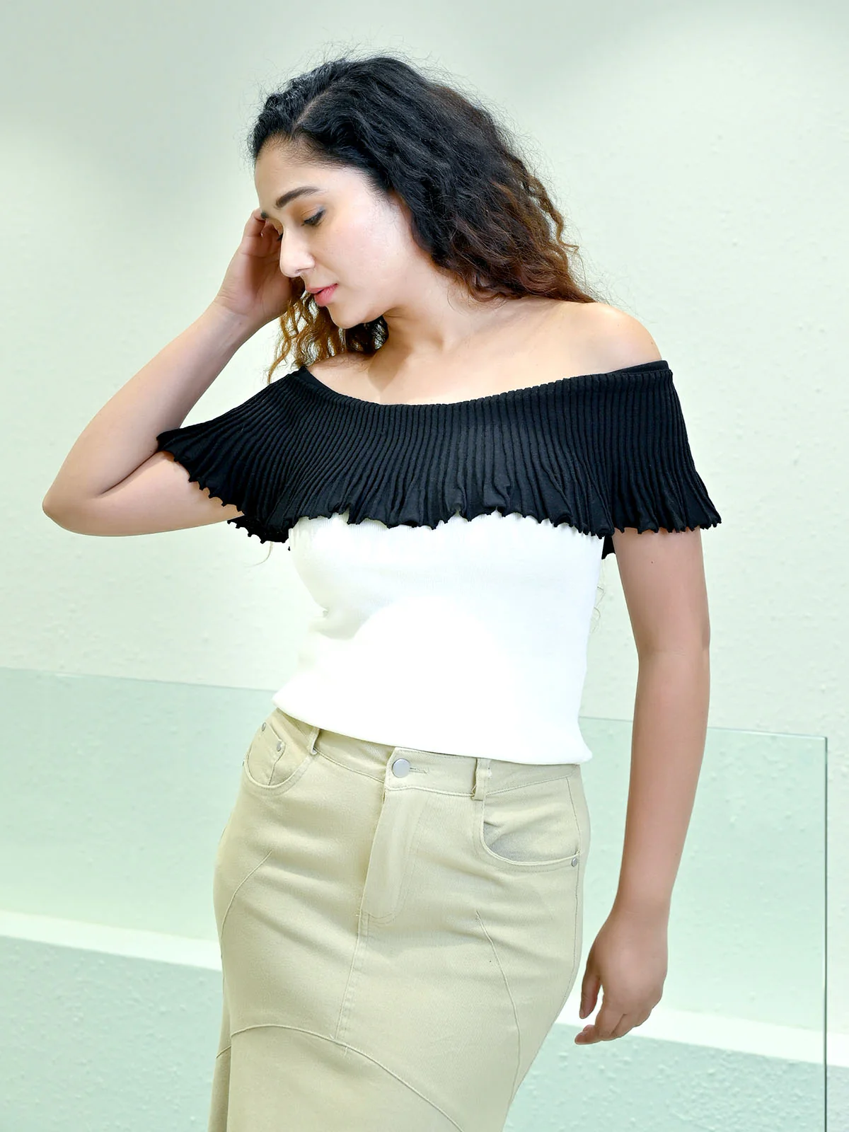 Odette White & Black Cotton Rib Solid Top For Women - Image 2