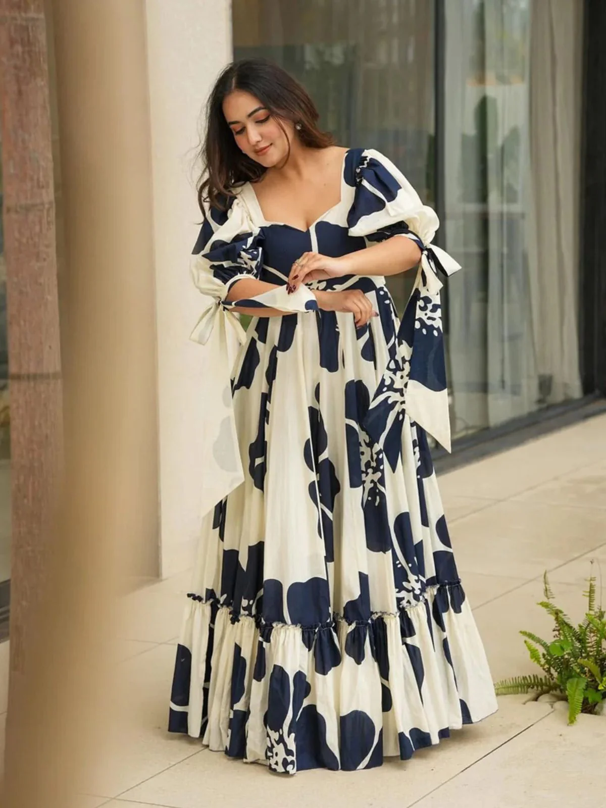 Odette White & Blue Cotton Blend Printed Gown For Women - Image 2