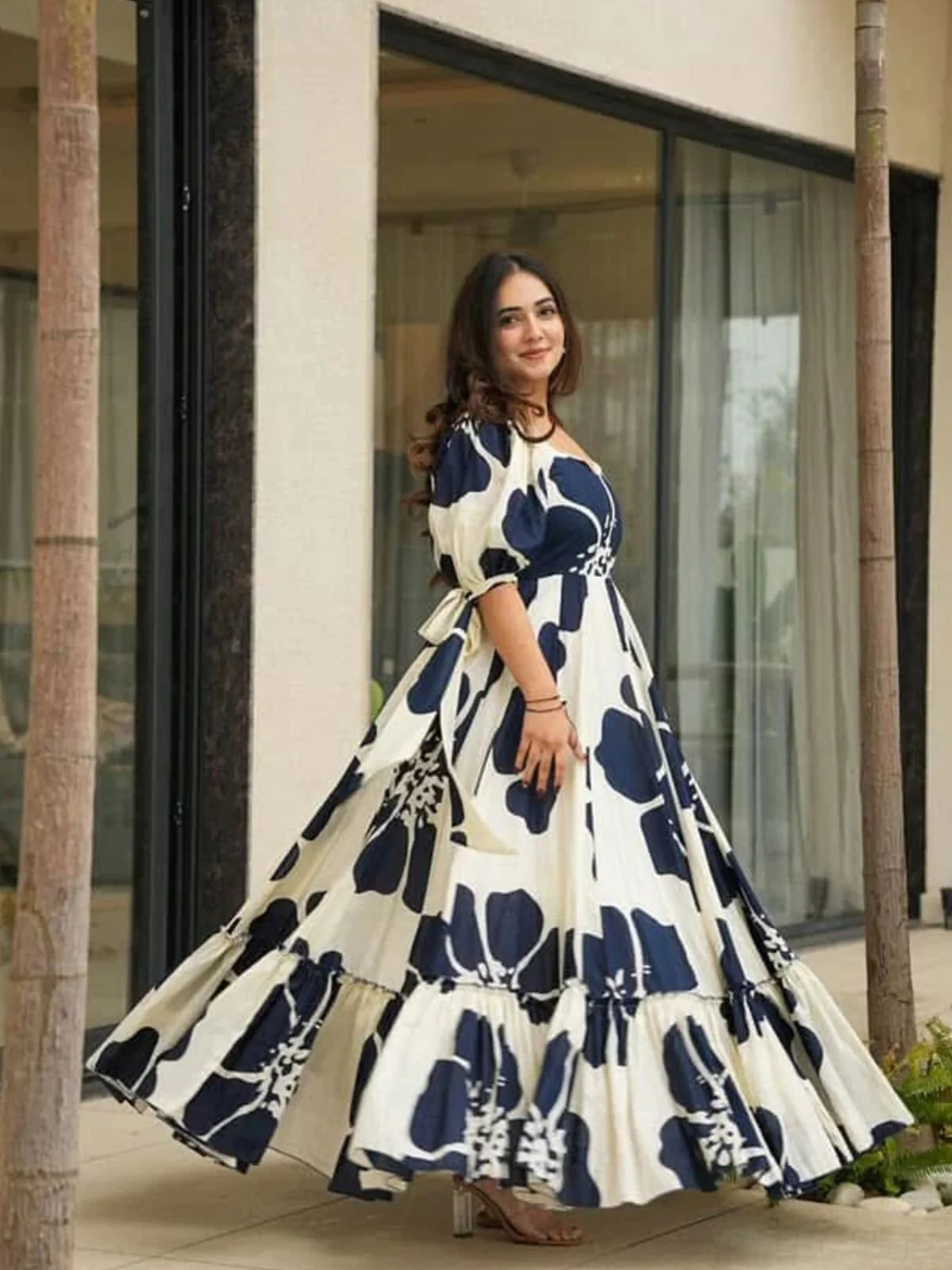 Odette White & Blue Cotton Blend Printed Gown For Women - Image 4